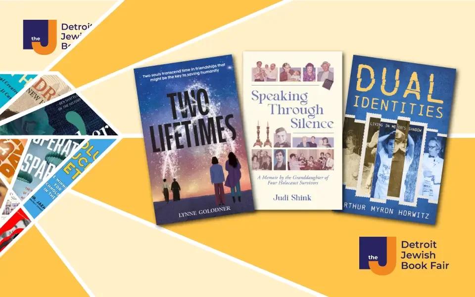 Three book covers about Holocaust topics with the logo of the Detroit Jewish Book Fair