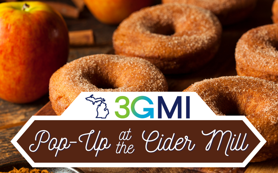 Image of apple cider donuts with the words "Pop-Up at the Cider Mill"
