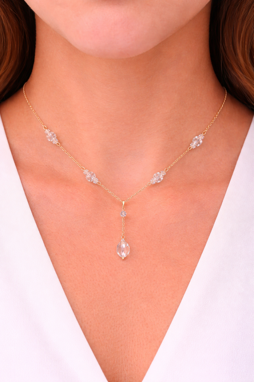 14K Yellow Gold And Crystal-Like Necklace 17” Stationary Design 3.6g Cable Chain