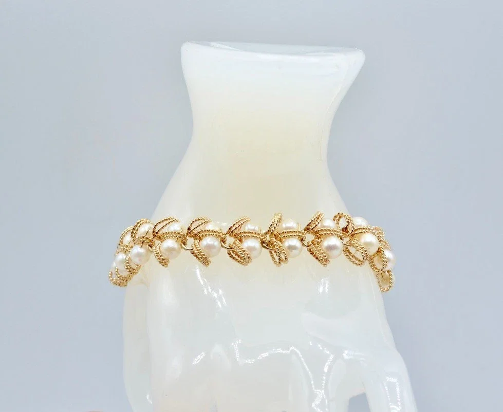 Vintage 14K Yellow Gold Cultured Pearl Rope Link Bracelet 7" 25.2g Estate