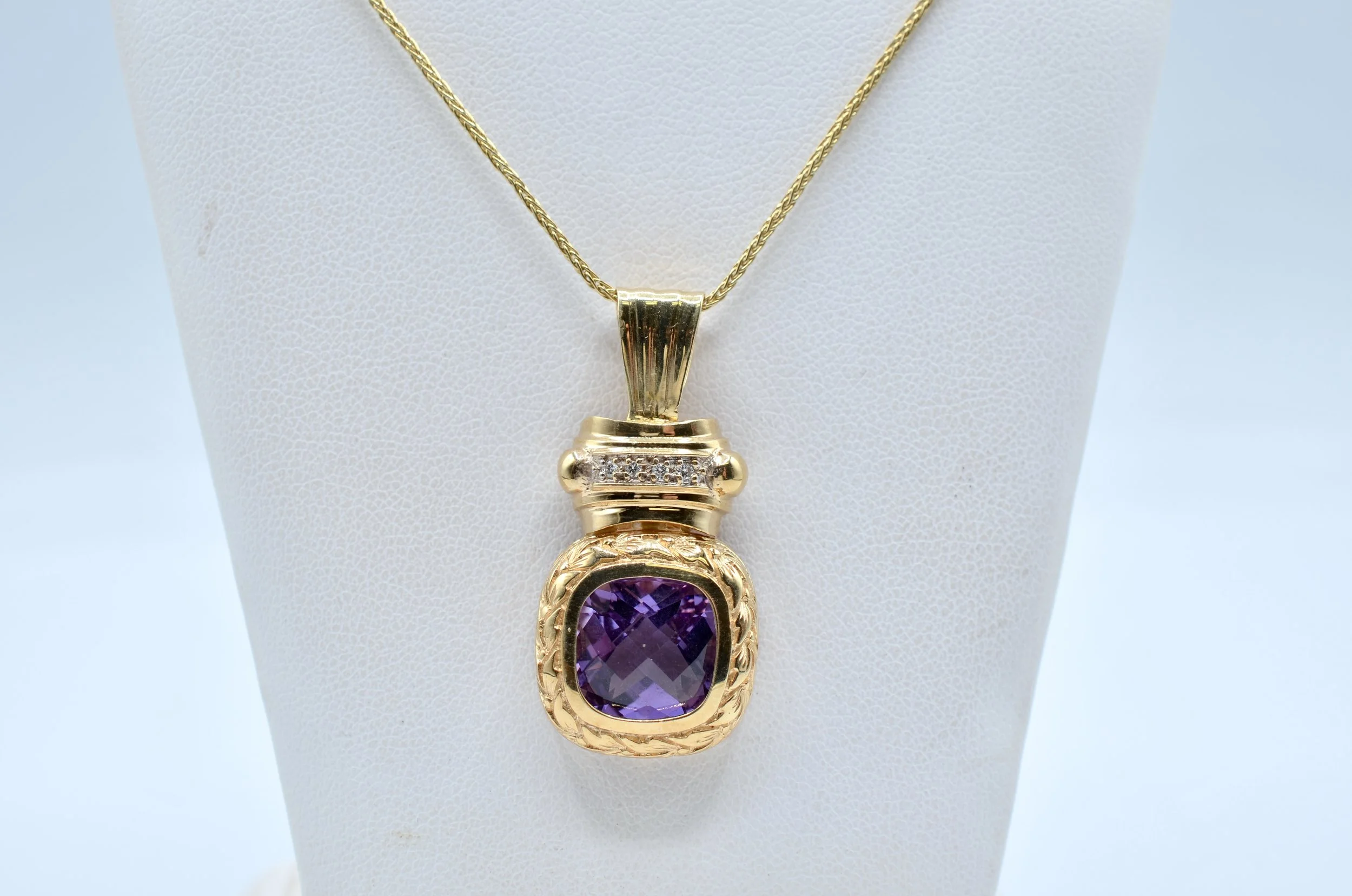 Vintage 14k Gold Amethyst & Diamond Pendant + 14k Wheat Chain | 7.7g
