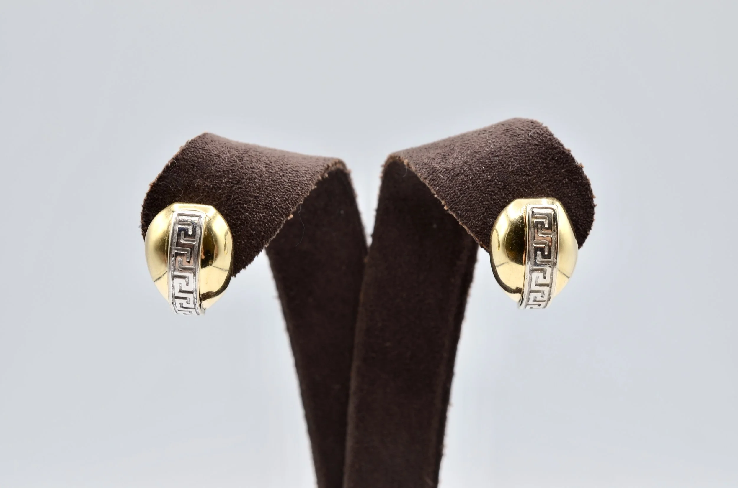 14k Two-Tone Gold Greek Key Omega Back Button Earrings – 3.8g
