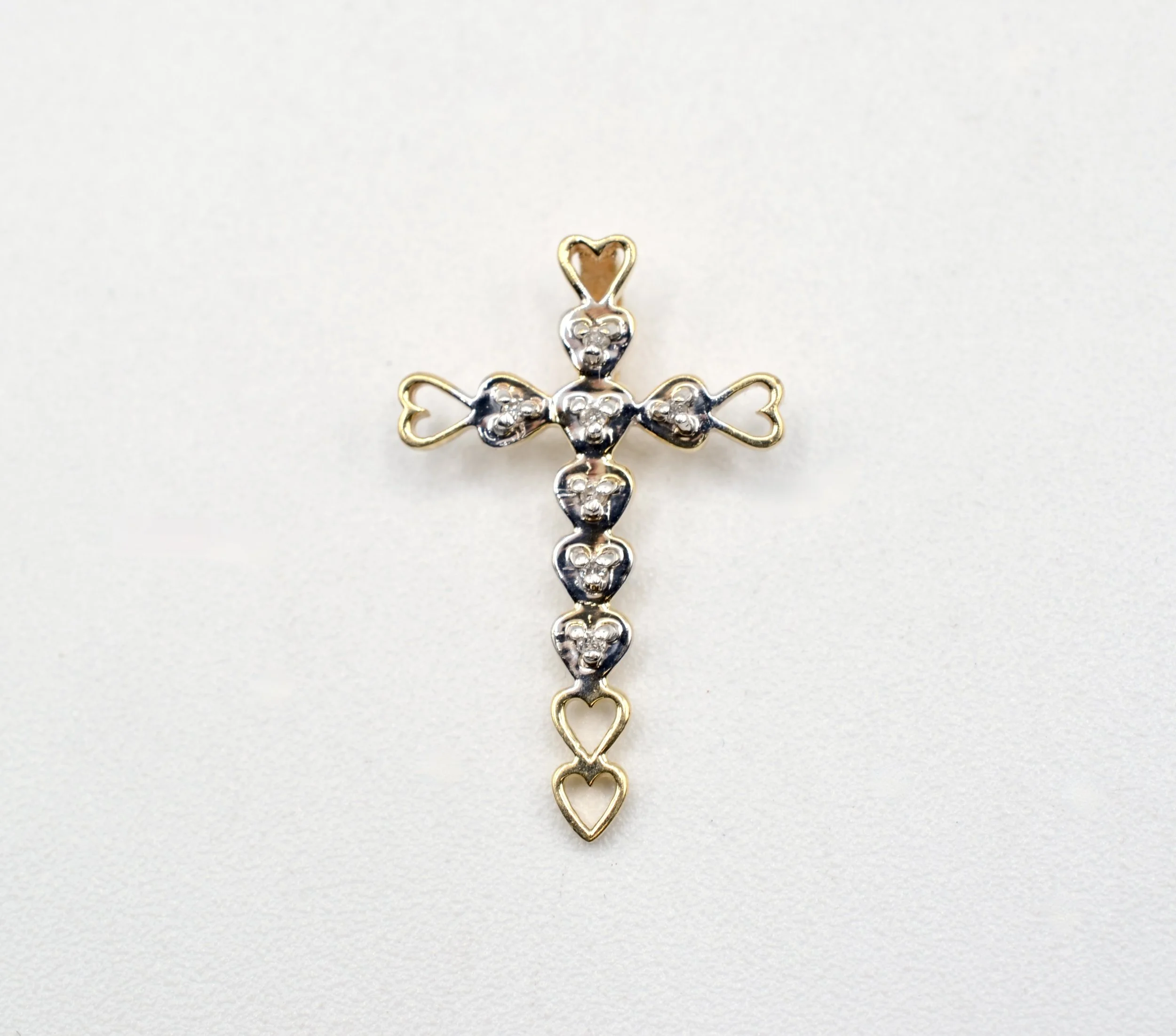 Vintage 14K Two Tone Gold Diamond Heart Cross Pendant | 7 Diamonds | 1.2g
