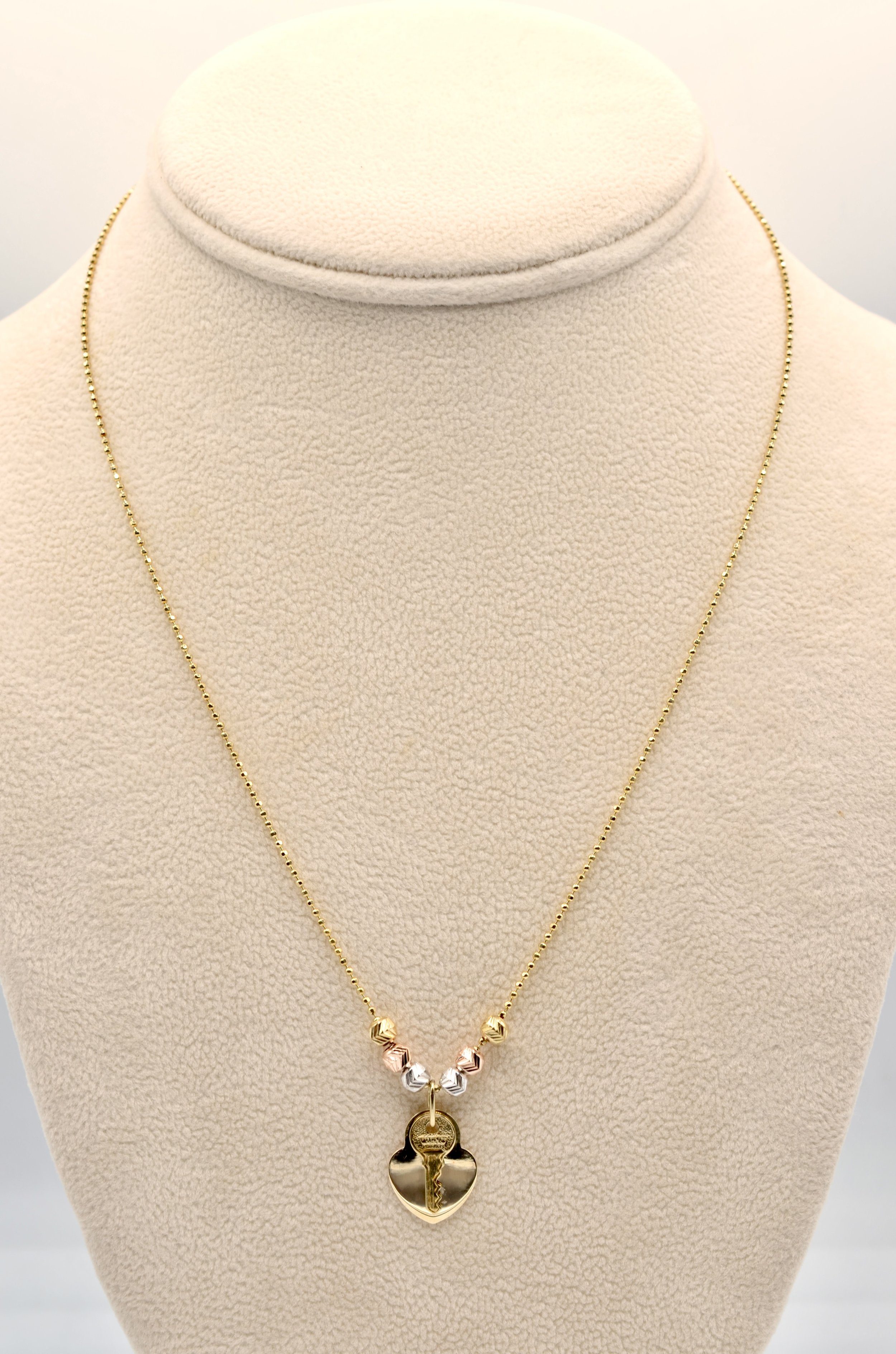 Solid 14K Tri-Color Gold Heart Lock & Key Pendant Necklace 18" 4.2g
