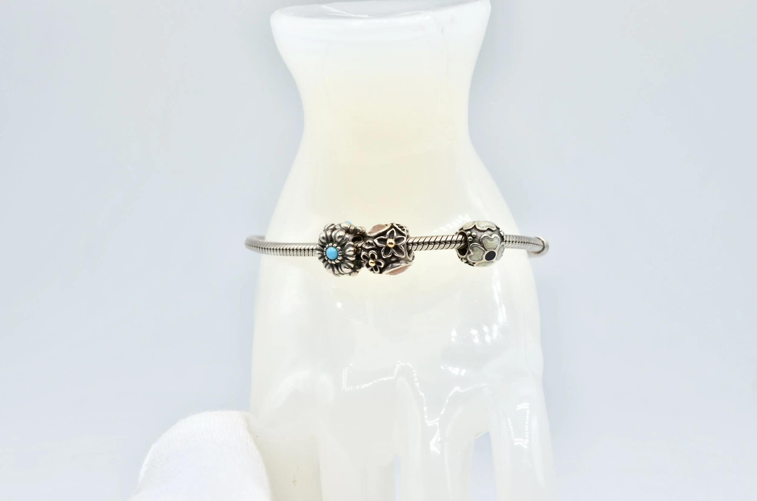 Pandora Sterling Silver Snake Chain Charm Bracelet 7.75" Floral Charms 925~27.1g