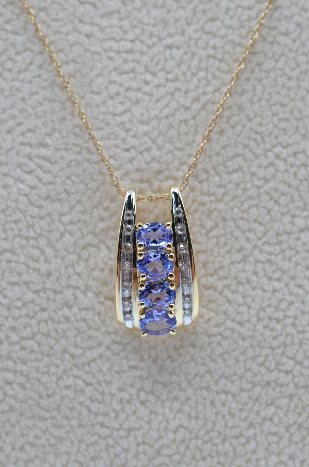 14K Gold Tanzanite & Diamond Slide Pendant And 10k Gold Chain 18” 2.2g