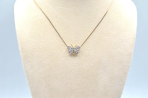 Vintage 14K Gold CZ Butterfly Pendant Necklace 18" Chain 2.6g