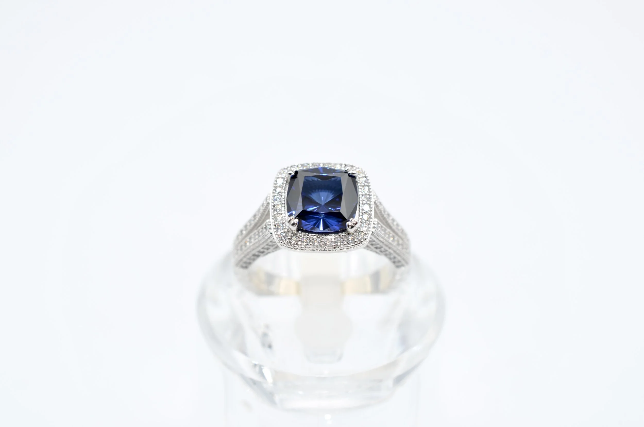 Lafonn Sterling Silver Cushion-Cut Blue Sapphire Simulated Diamond Halo Ring