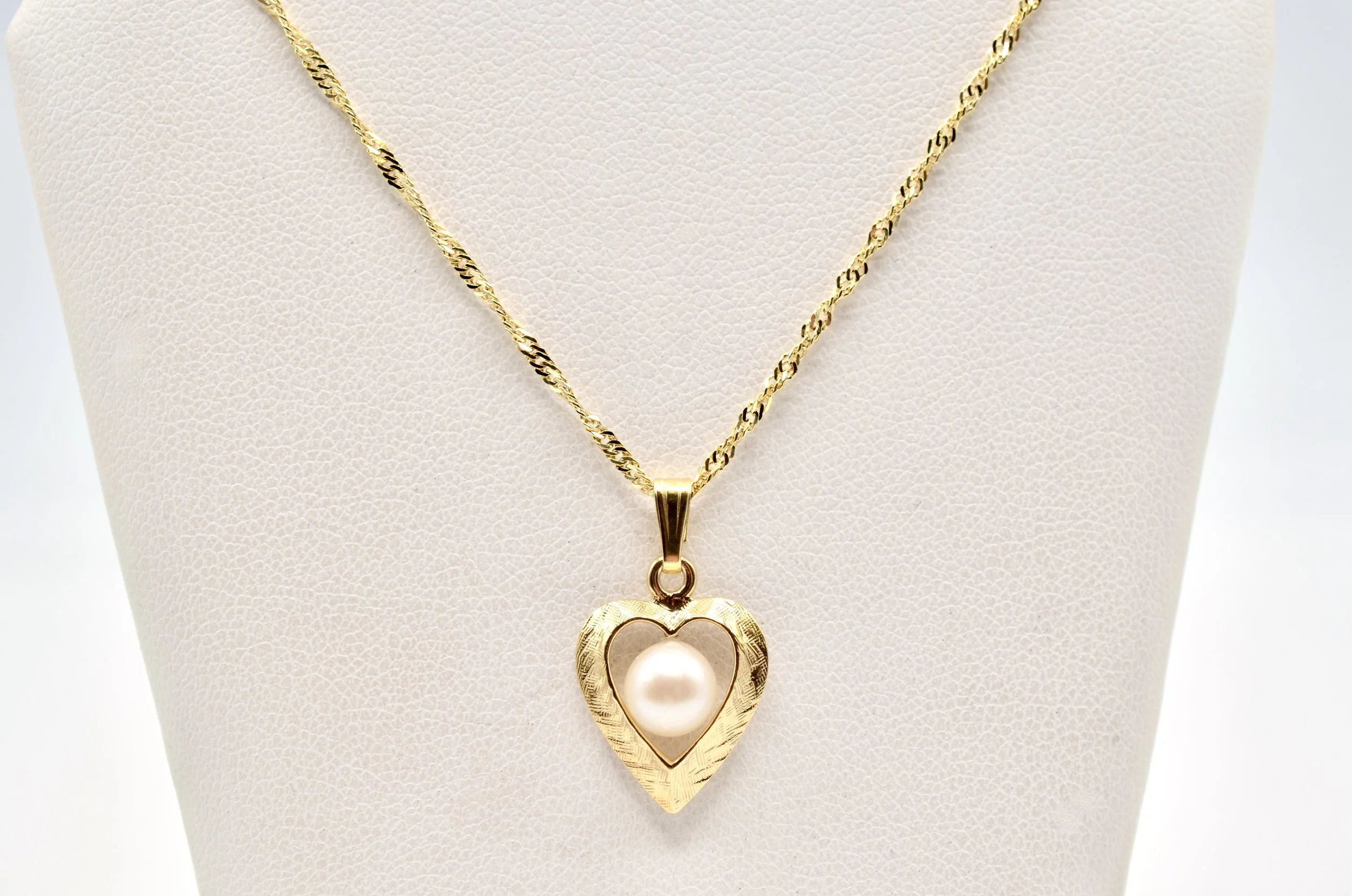 14K Gold Pearl Heart Pendant Necklace 18” Rope Chain Italy 6mm Pearl~2.6g