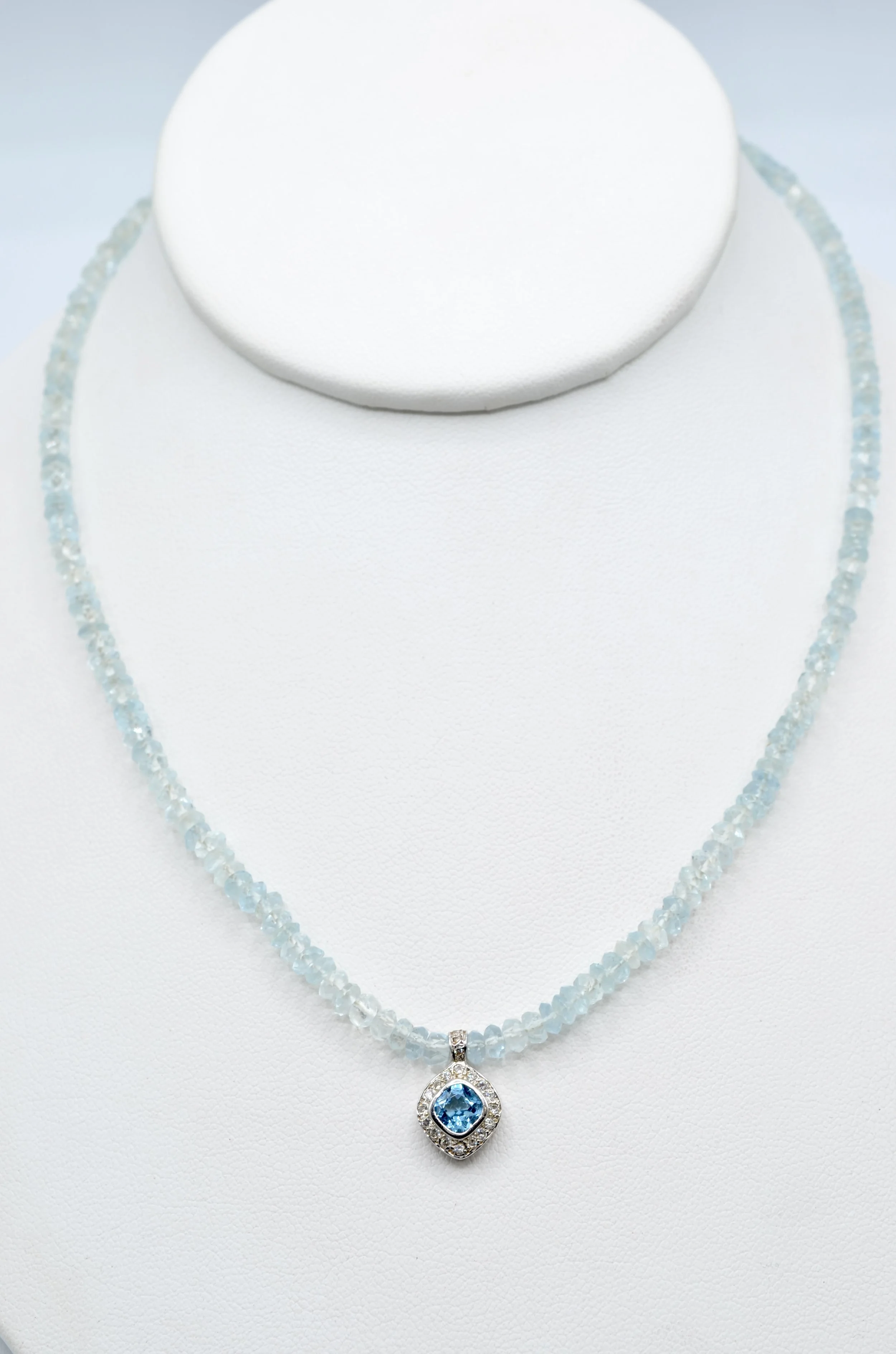 14k Blue Topaz Diamond Pendant on Aquamarine Bead Necklace – 16"

