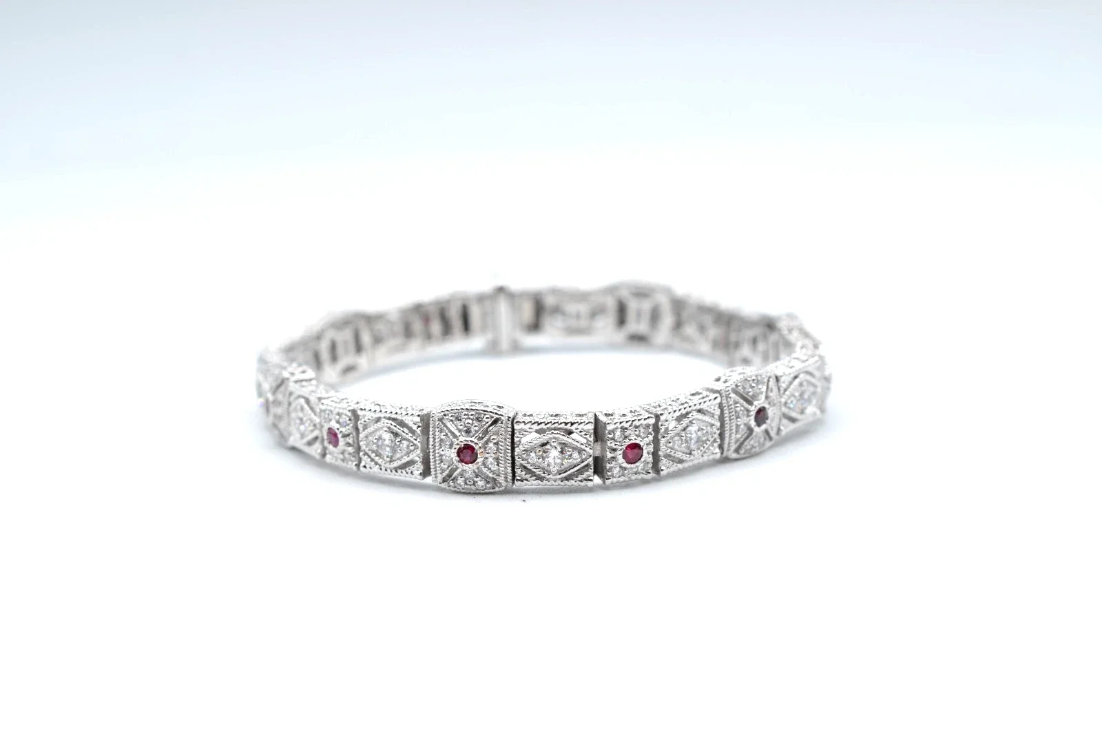 Art Deco Style Sterling Silver CZ Bracelet Red & White Stones 7.25" 21.2g
