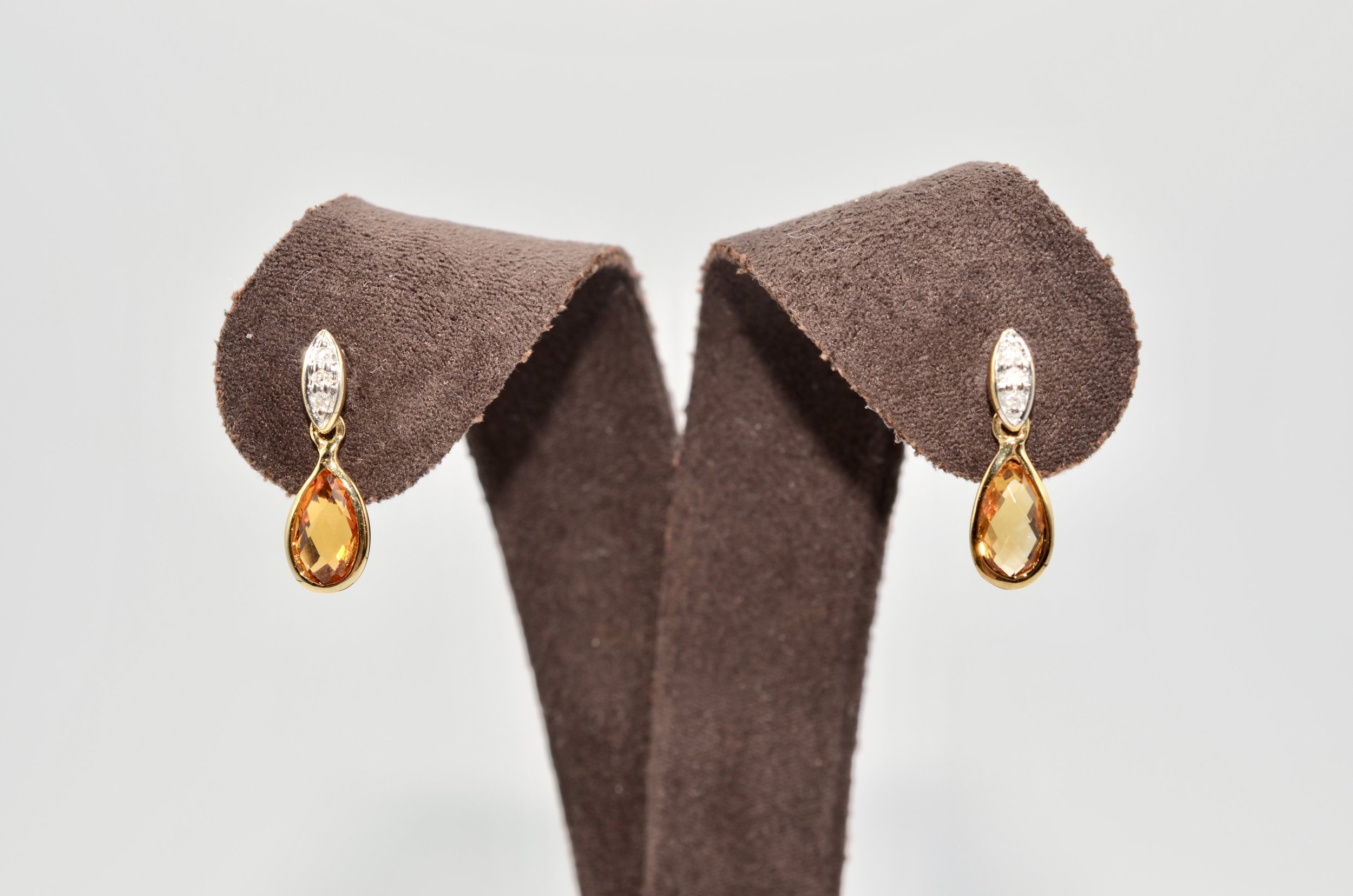 14K Two Tone Gold Citrine Natural Diamond Drop Dangle Earrings 0.9g