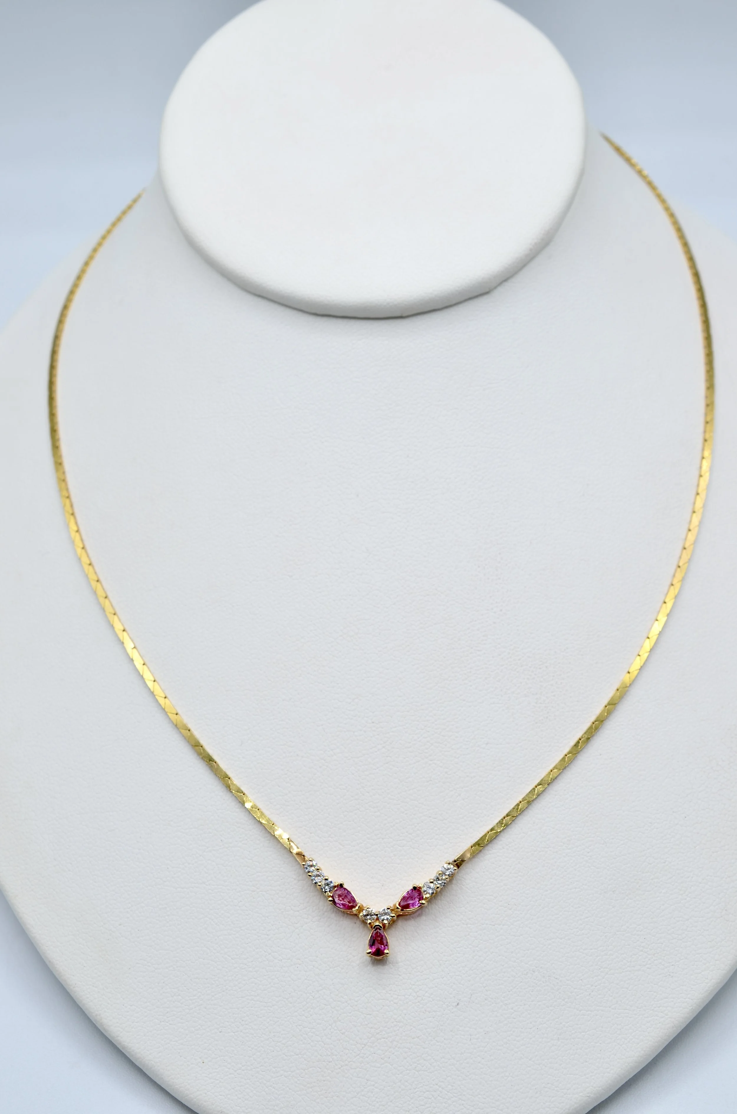 Vintage 14k Gold Diamond & Pink Gemstone Necklace – 8.0g – Italy – 17.5"
