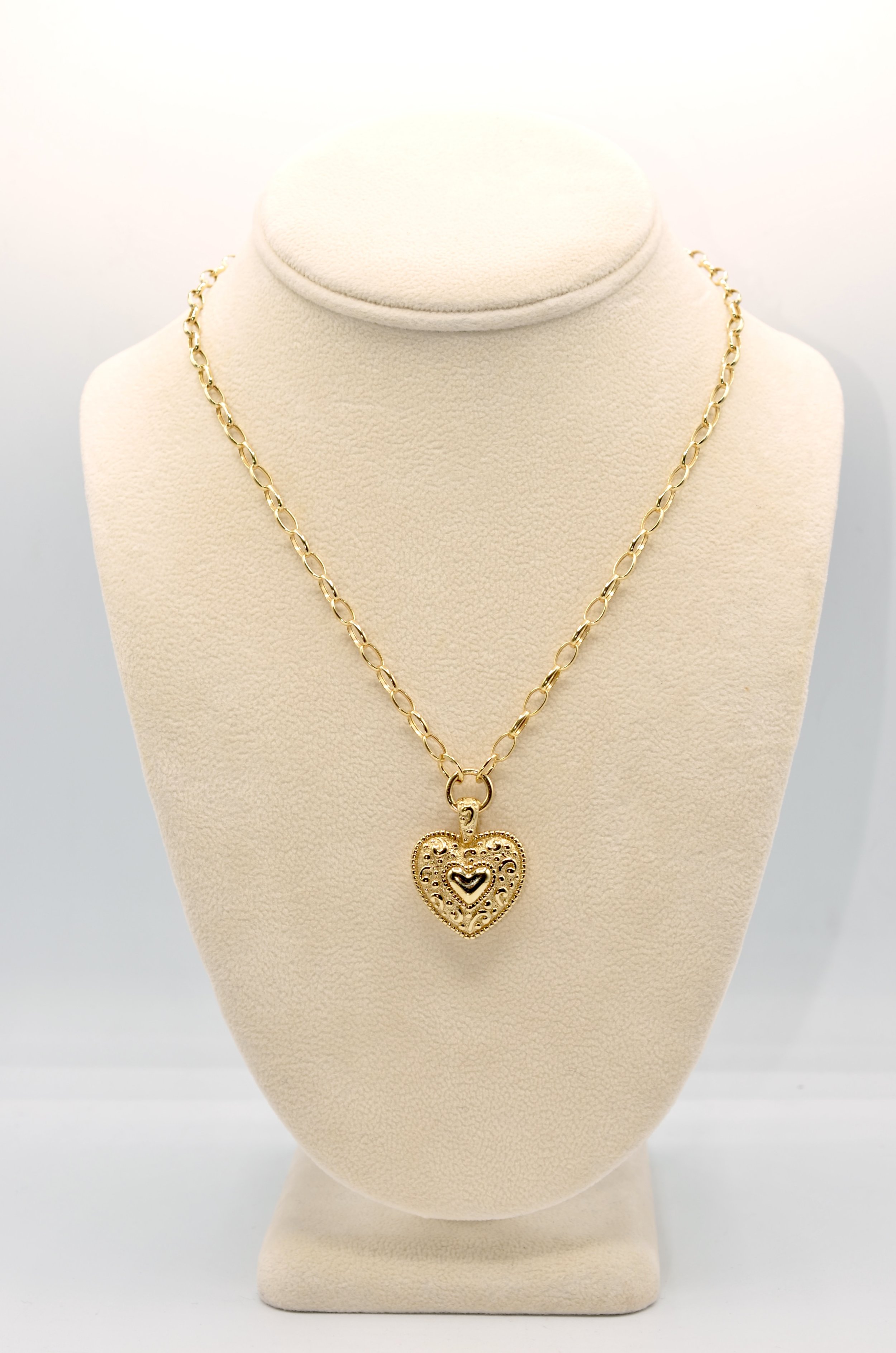 Vintage 14K Yellow Gold Textured Heart Pendant Link Necklace 17" 6.0g