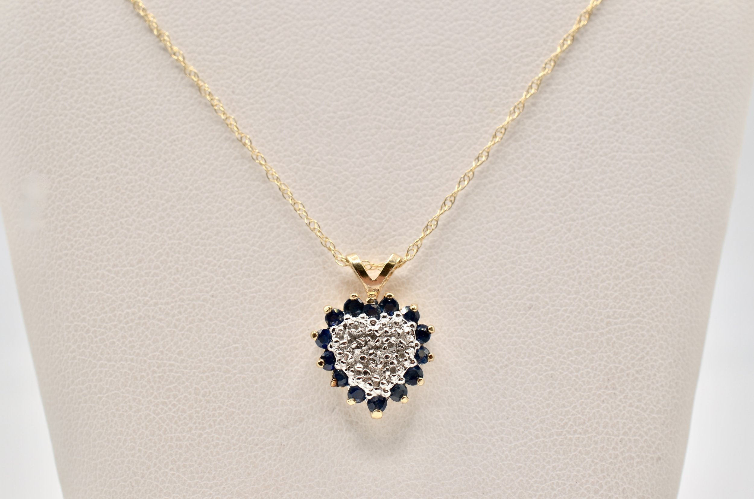 14K Two Tone Gold, Diamond And Sapphire Heart Pendant Necklace 18” Chain 2.6g