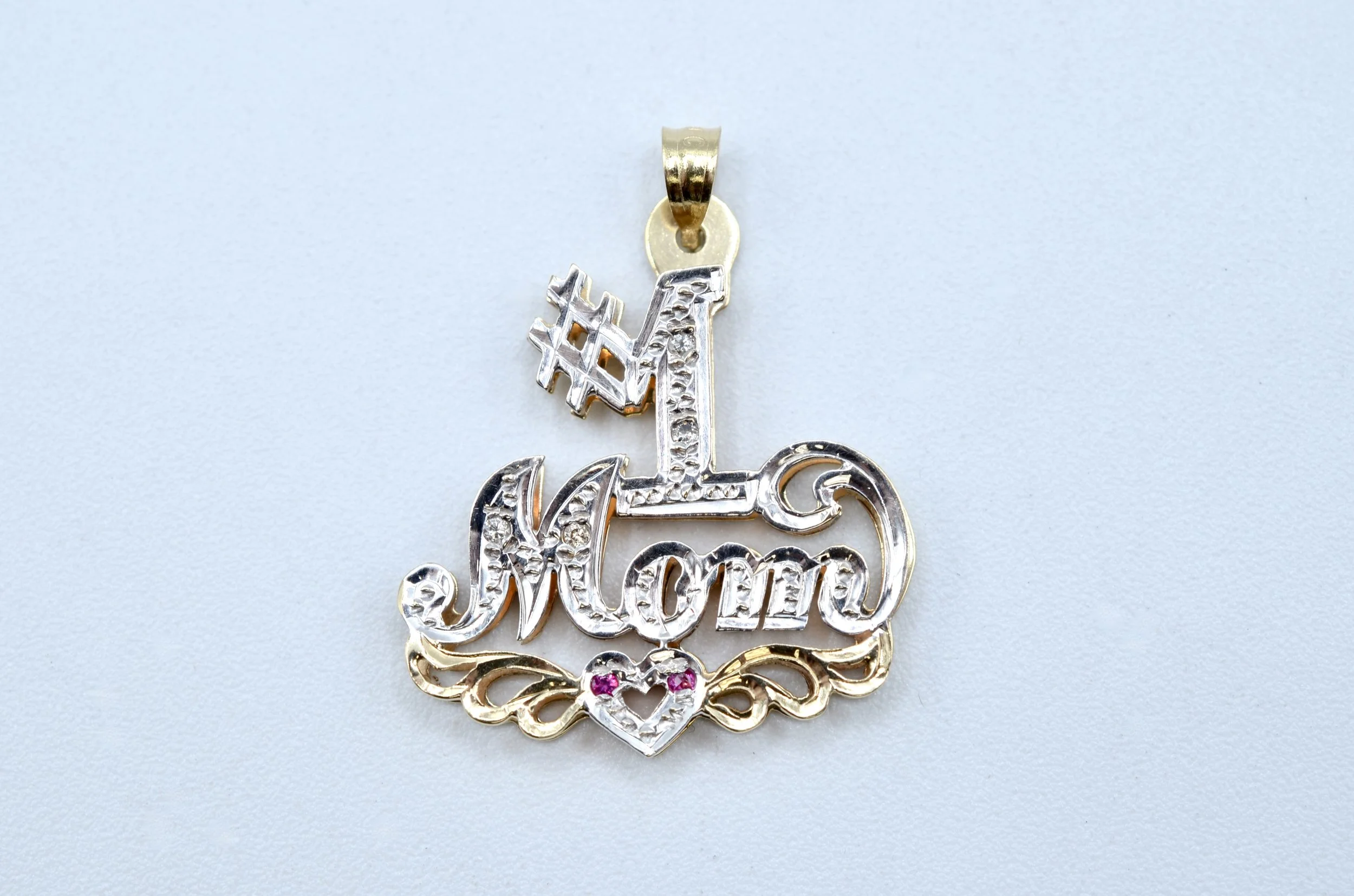 14k Two Tone Gold #1 Mom Pendant – Diamonds & Red Gemstones – 2.8g – Vintage
