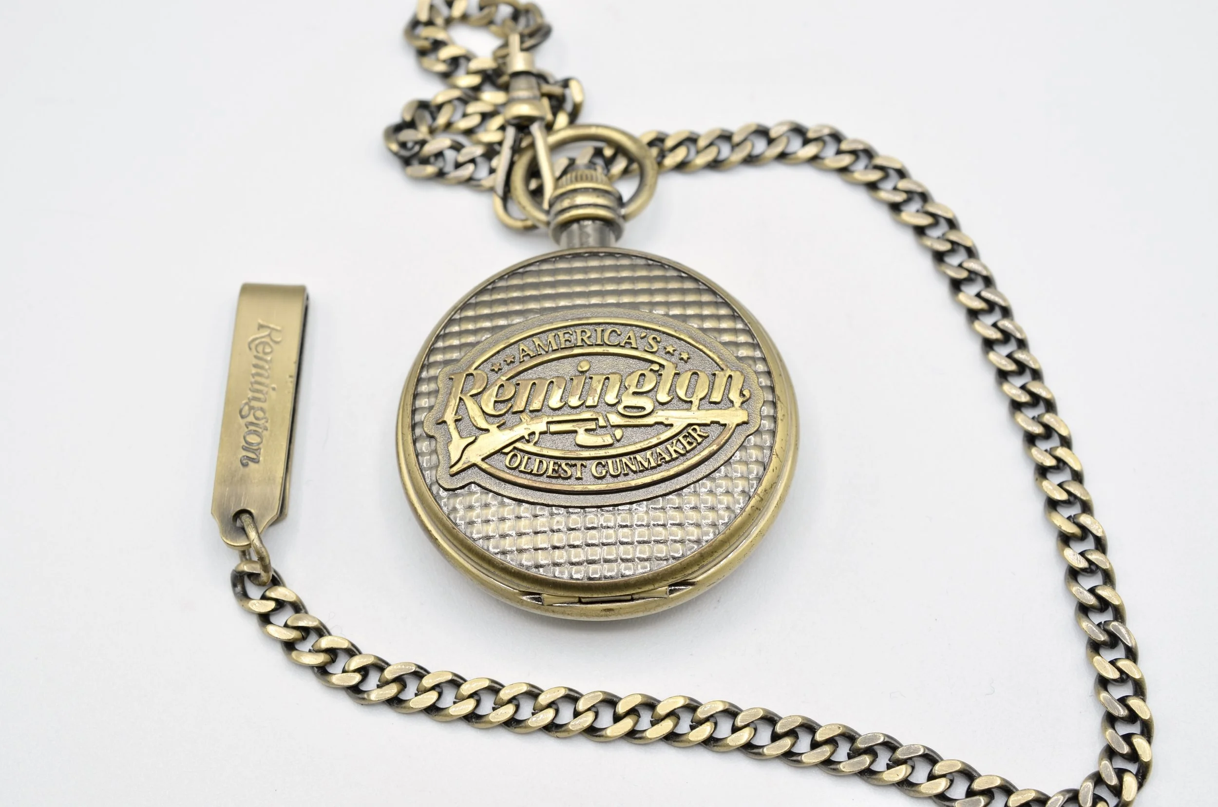 Remington Pocket Watch w/ Chain Black & Gold Tone Quartz Date Working
