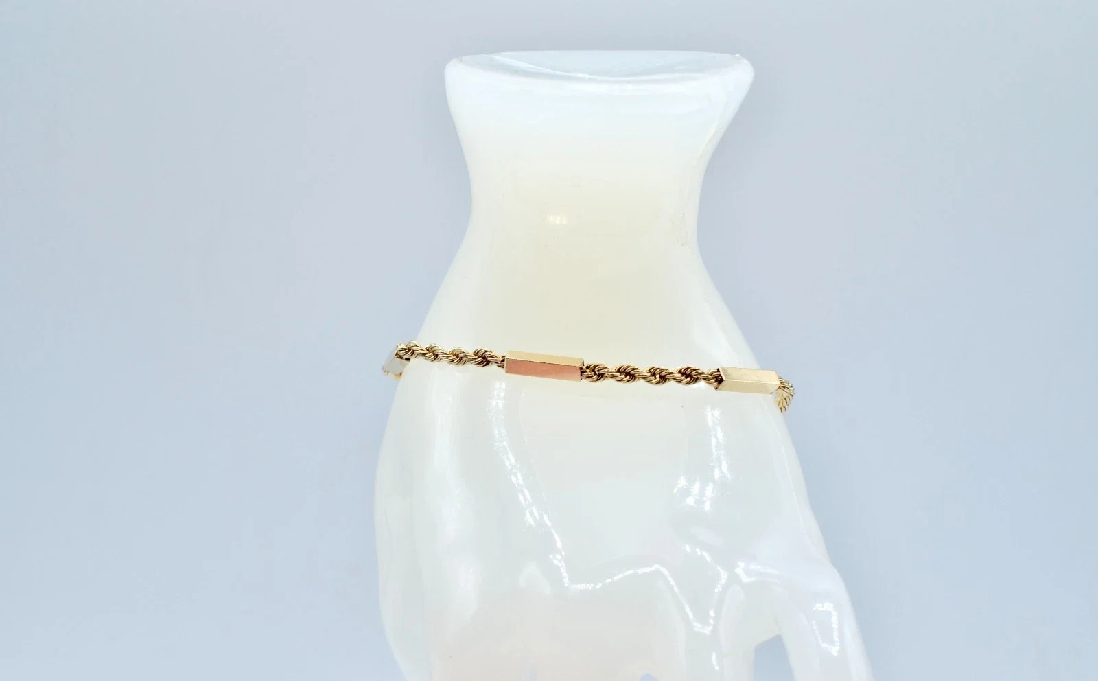 Vintage 14K Yellow Gold Rope Chain Bar Station Bracelet 7" Estate 5.8g