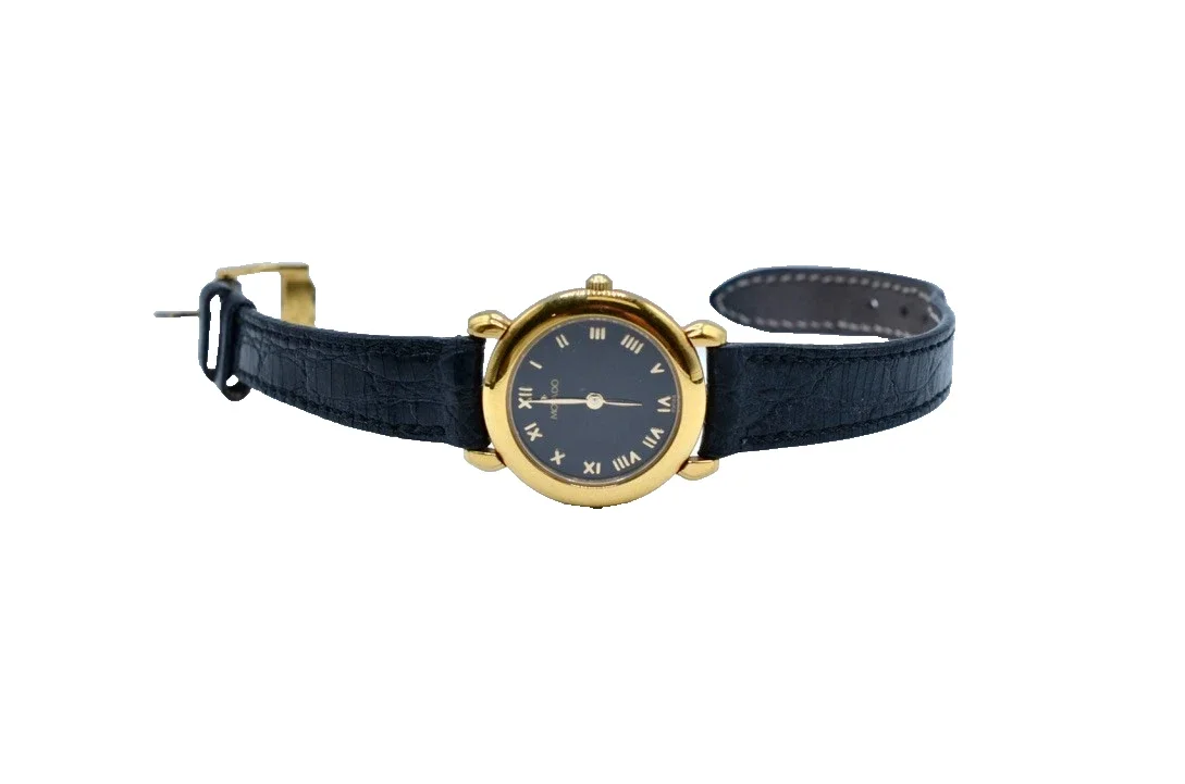 Vintage Movado Quartz Dress Watch Black Dial Gold Tone Swiss 15.3g Runs