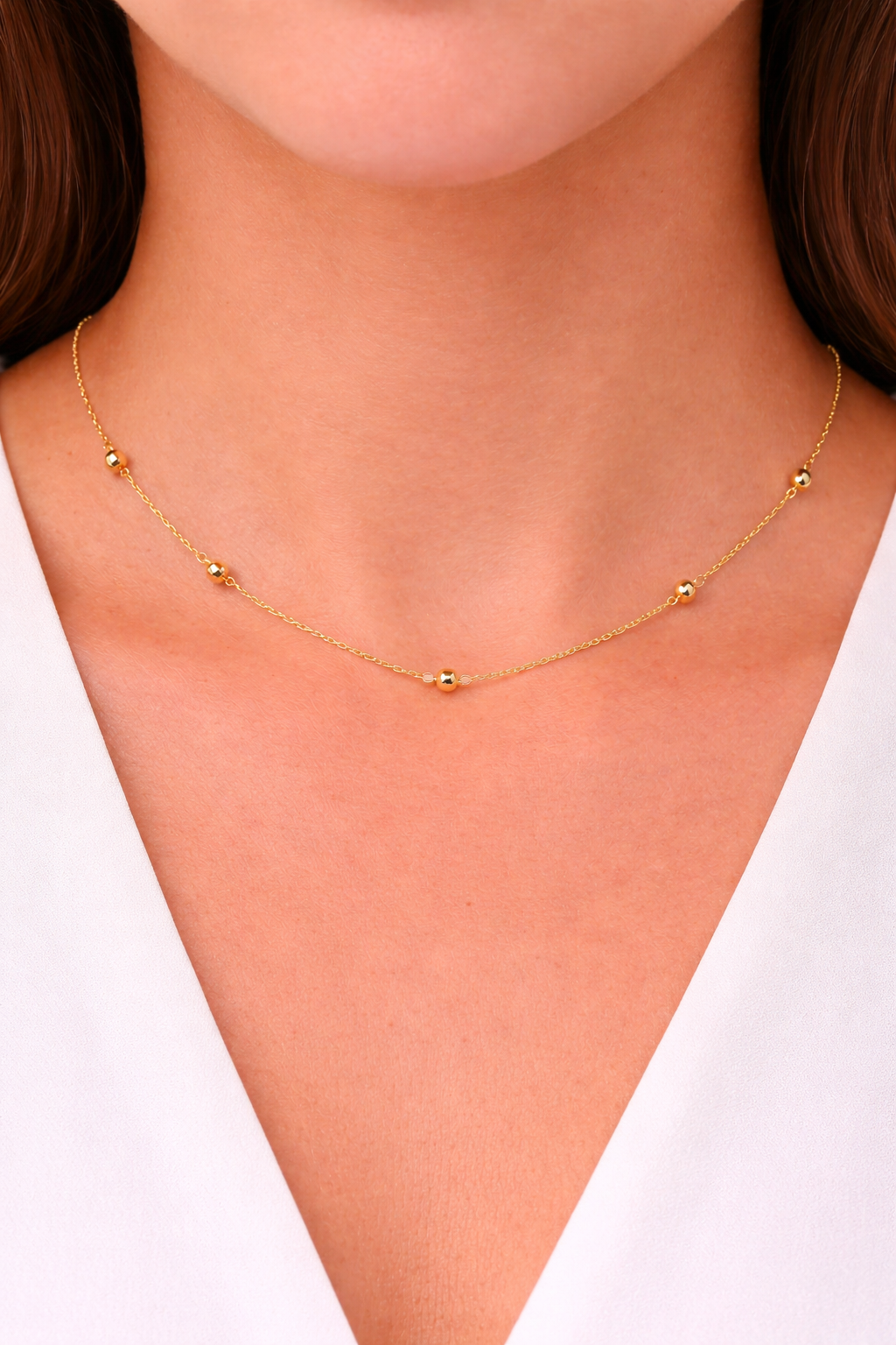 14K Yellow Gold Beaded Chain Necklace 15.5” 7 Beads 4mm Elegant Minimalist 1.2g