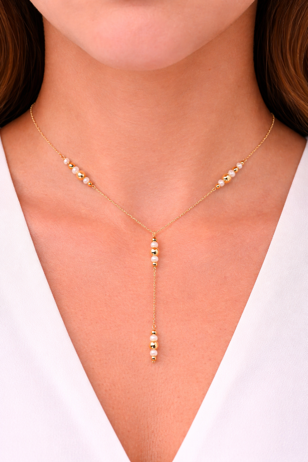 Vintage 14K Gold & Pearl Y Necklace 16” Drop Dangle Beaded Station 1.6g
