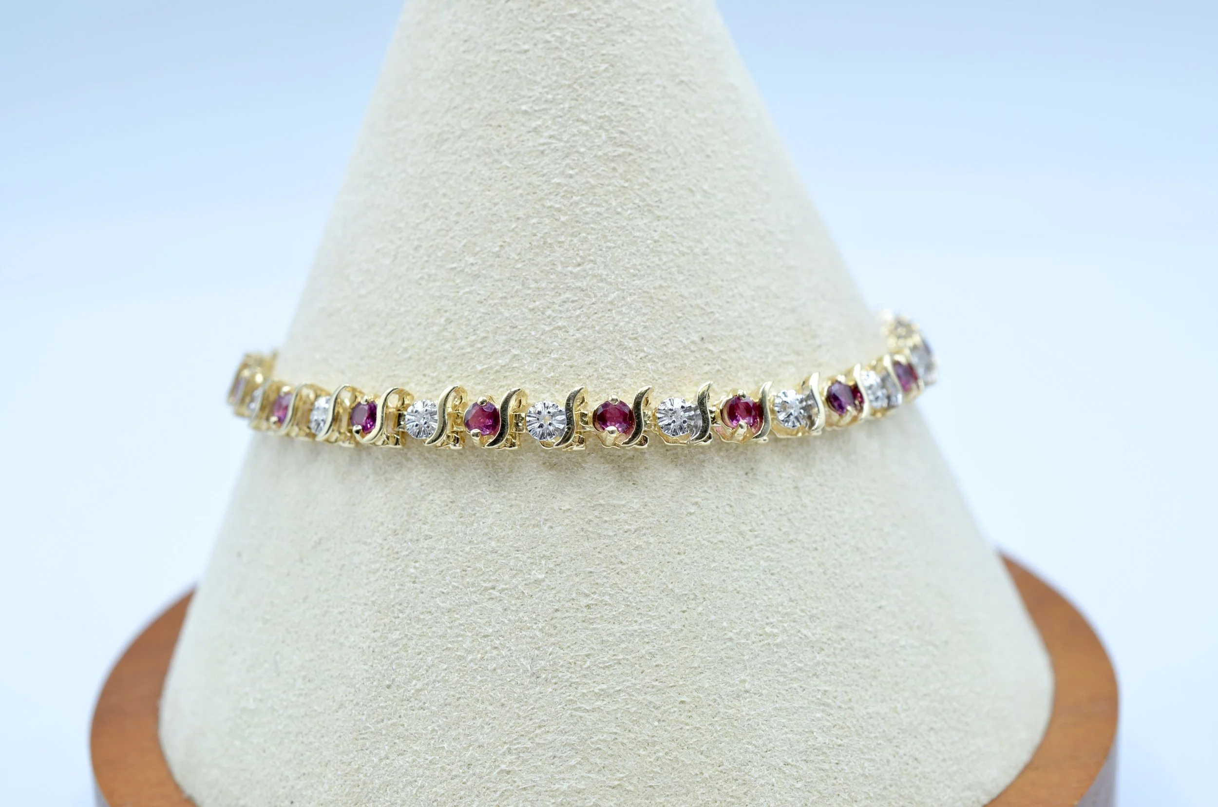 14k Vintage Gold Natural Diamond & Ruby S-Link Tennis Bracelet 7" – 8.3g
