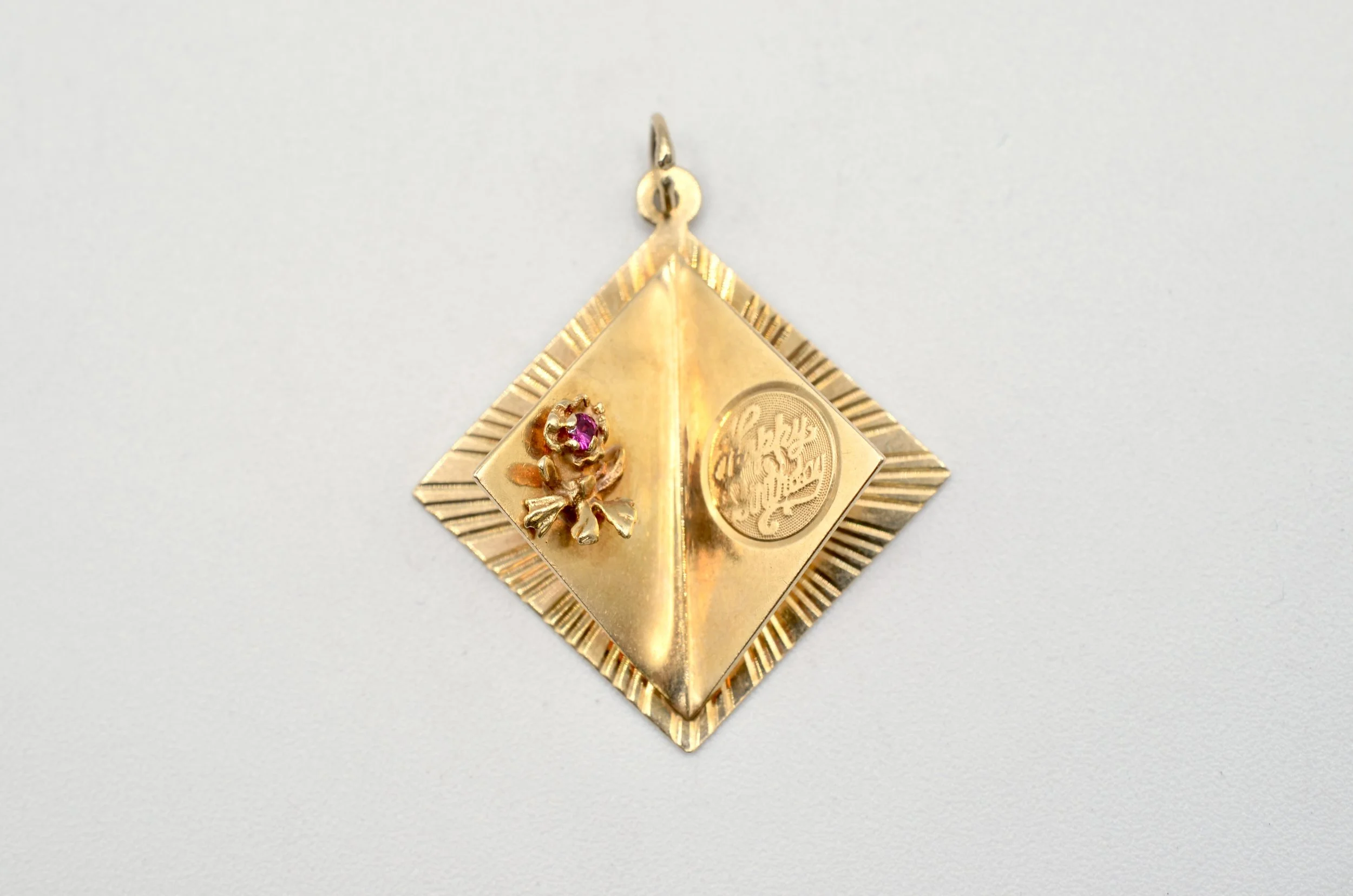 Vintage 14K Gold Happy Birthday Charm Pink Gemstone Gift Pendant 4.3g