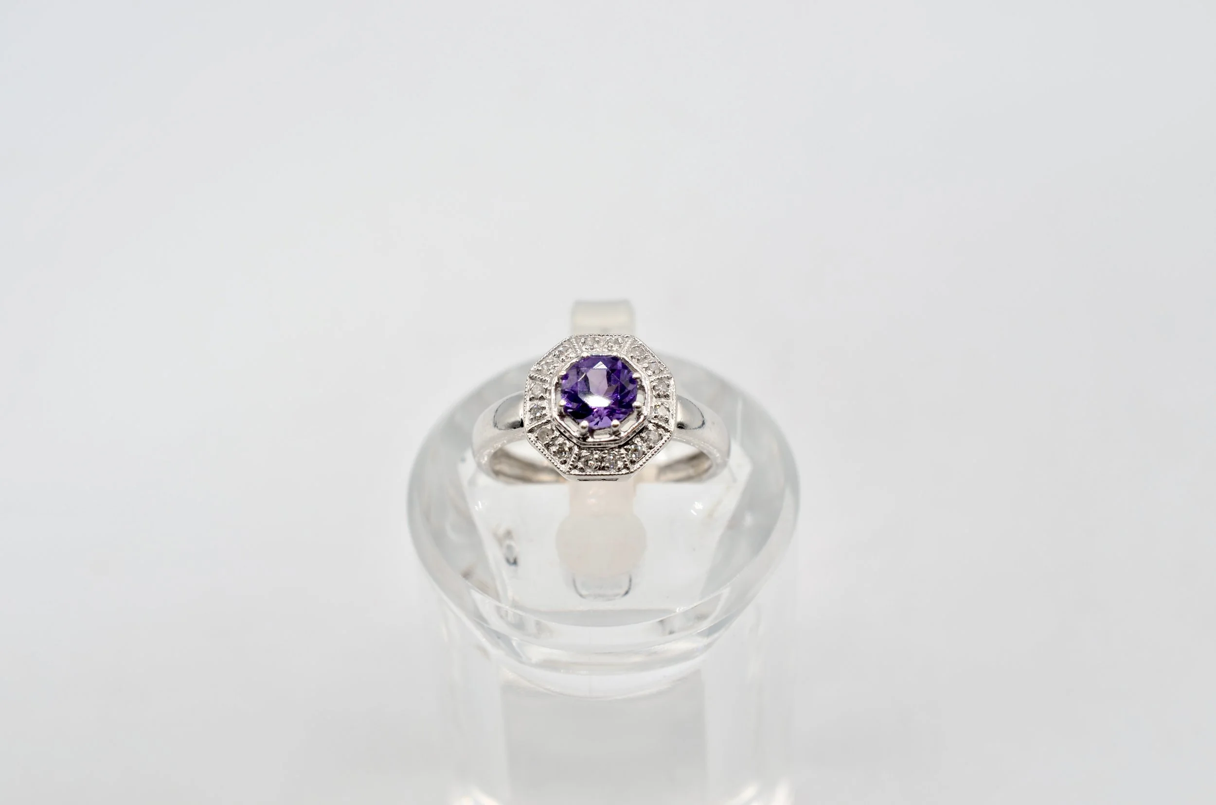 14K White Gold Amethyst Natural Diamond Octagon Halo Ring Size 5.25 2.6g