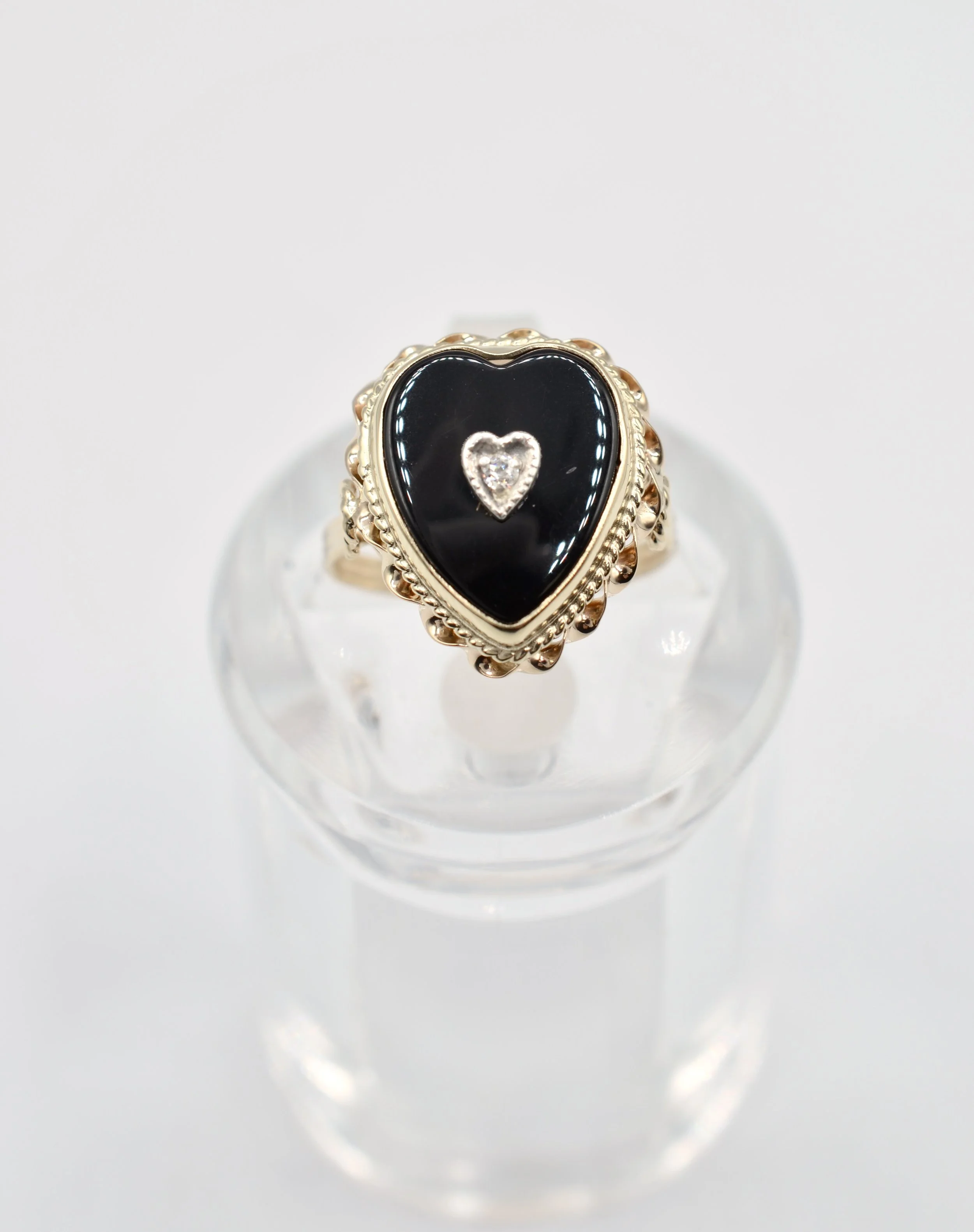 Vintage 14K Gold Onyx Heart Ring w/ CZ Accent Size 5.5 Rope Frame 2.3g