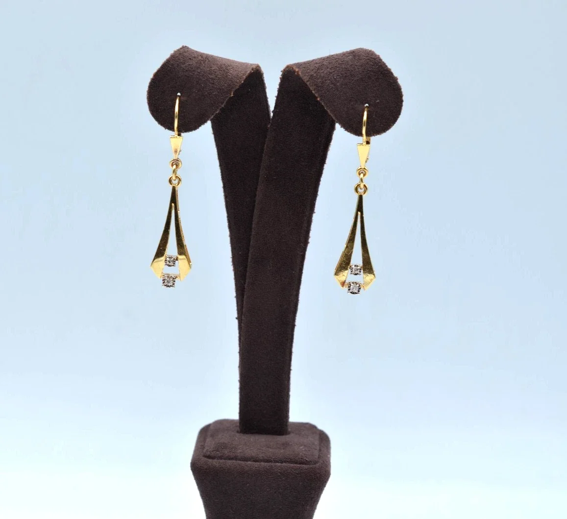 Vintage 14K Two Tone Gold Diamond Dangle Earrings Leverback 3.7g