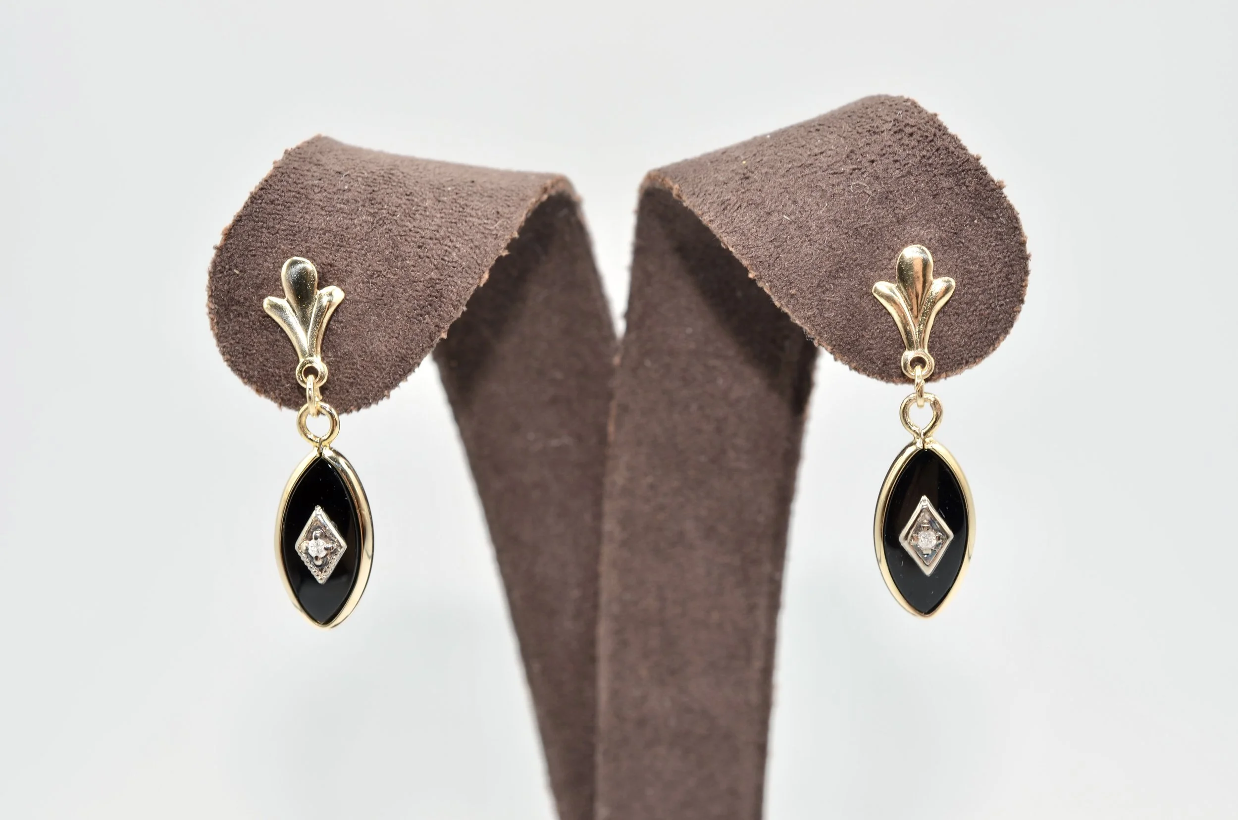 Vintage 14K Gold Black Onyx & Single Cut Diamond Drop Dangle Earrings 1.6g