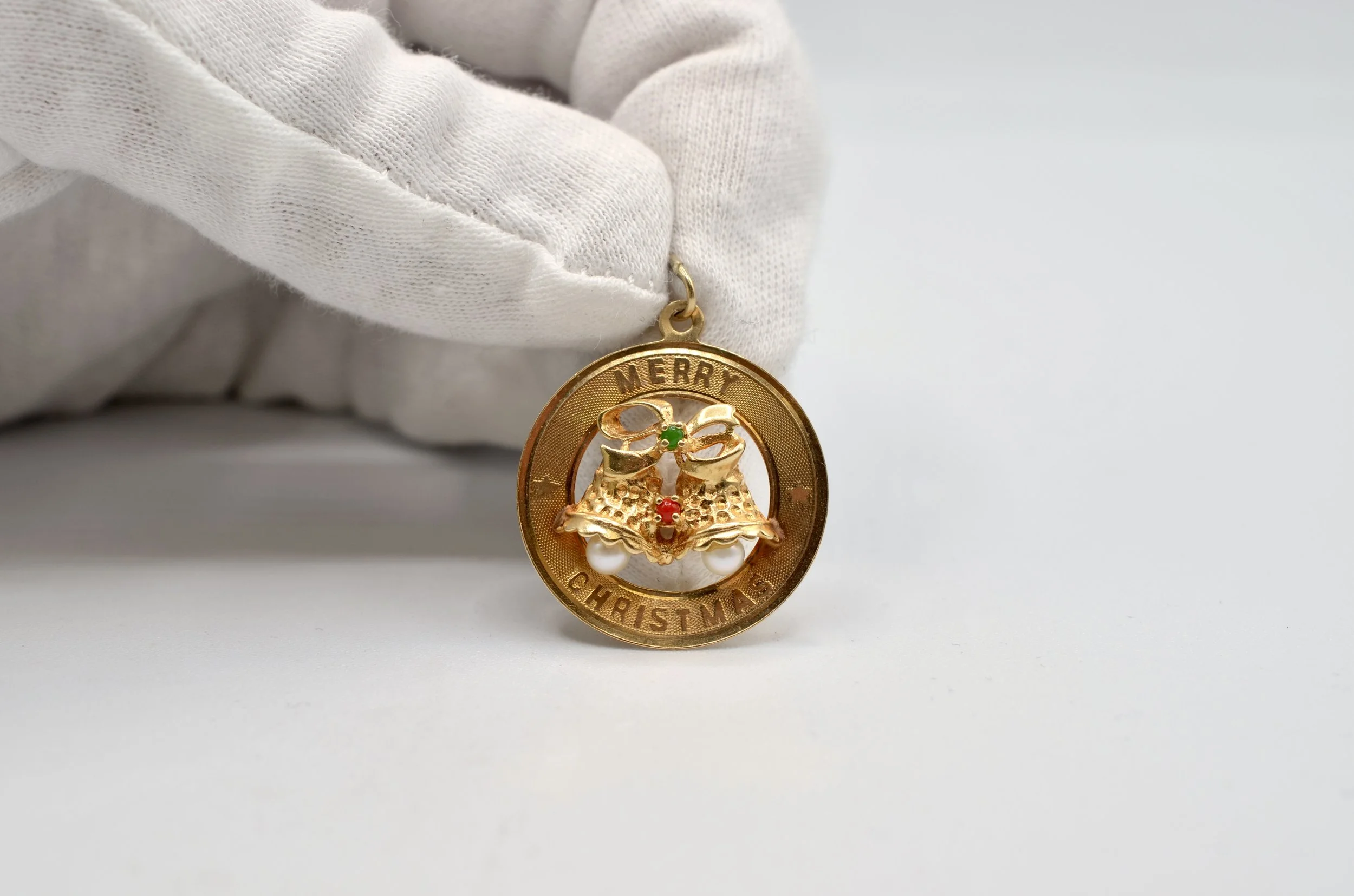 Vintage 14K Gold Merry Christmas Charm Pendant Bells Pearl Gemstones~ 3.6gr