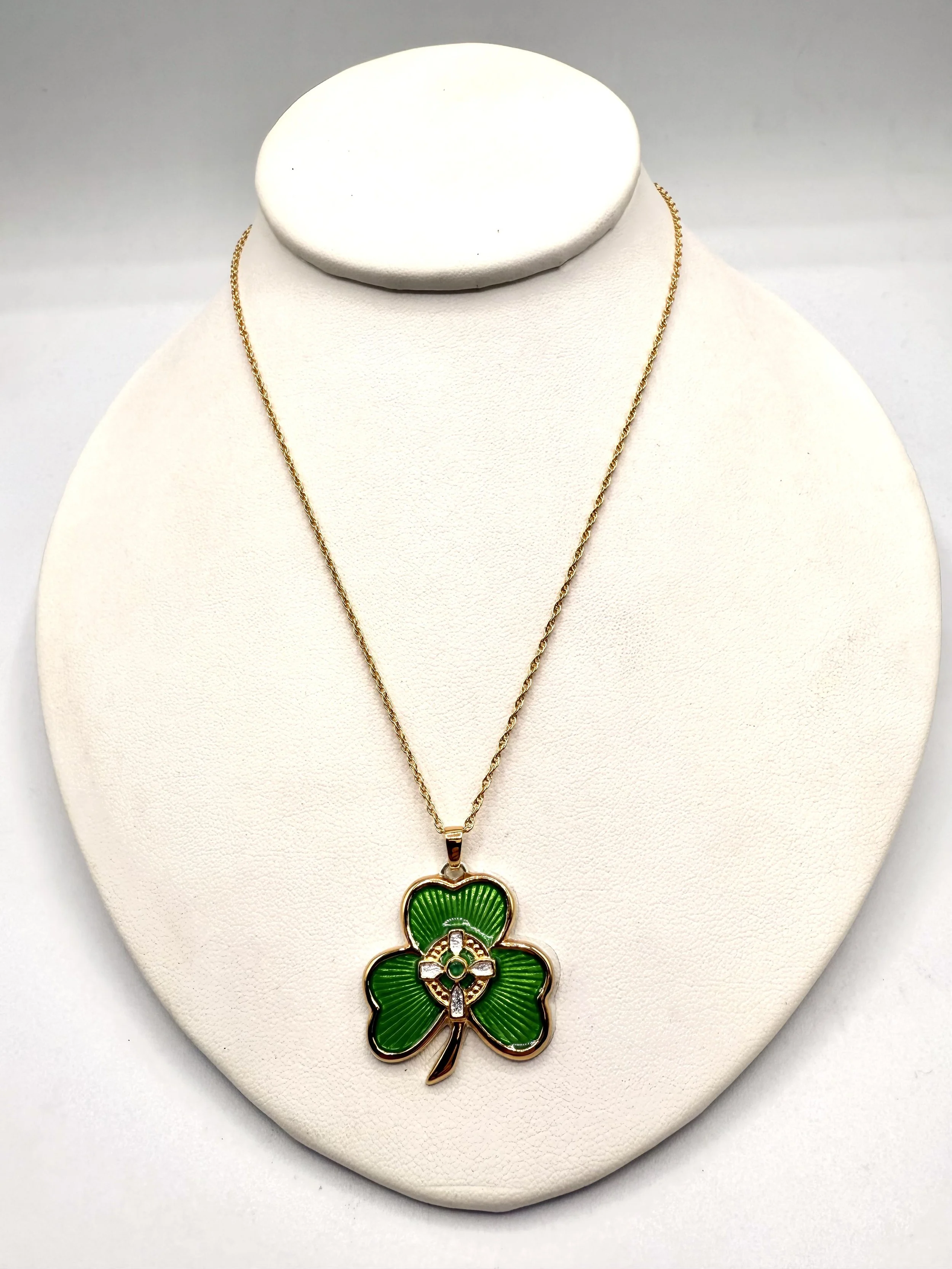 New Sterling Silver Gold Plated Irish Shamrock Enamel Pendant Necklace 20” Rope