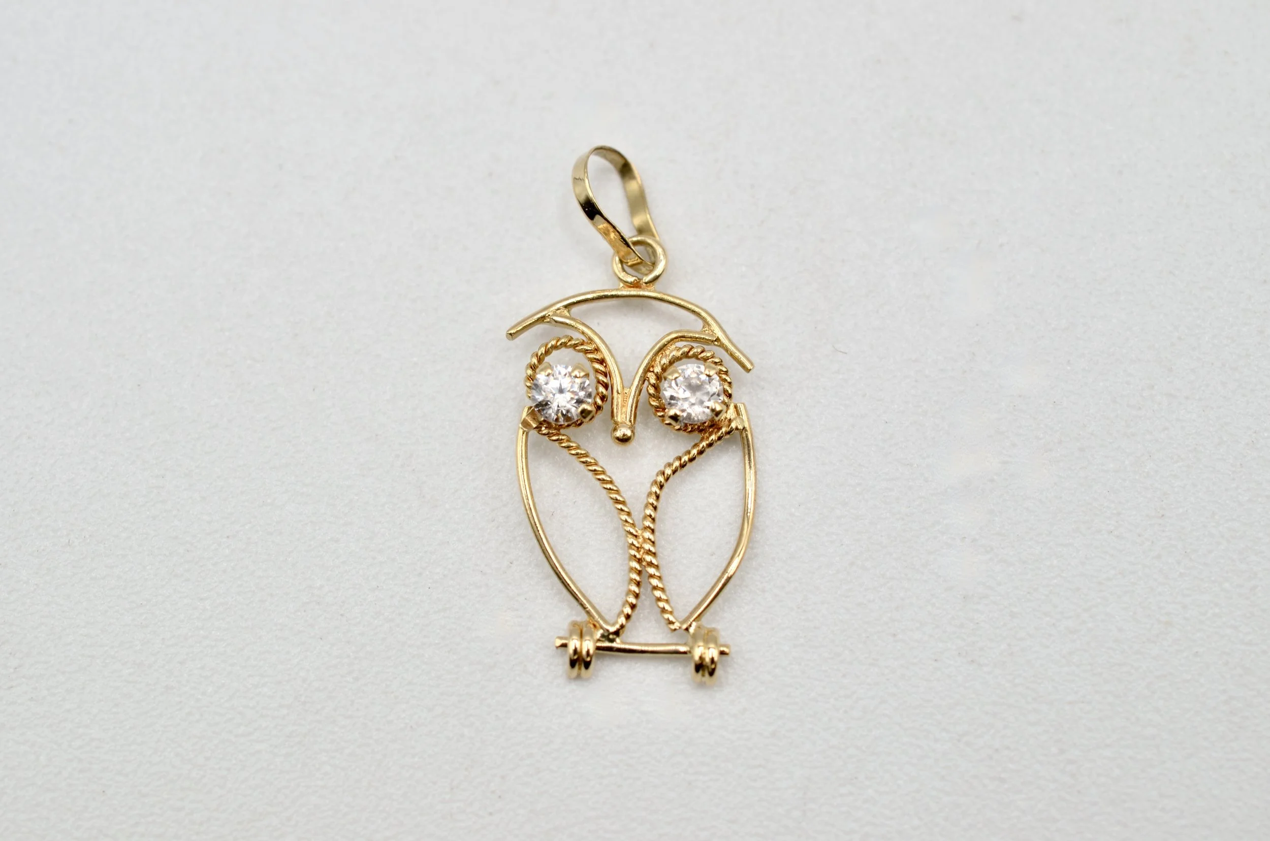 Vintage 14K Gold Owl Pendant Charm CZ Eyes 24mm Cute Animal Jewelry 0.6g