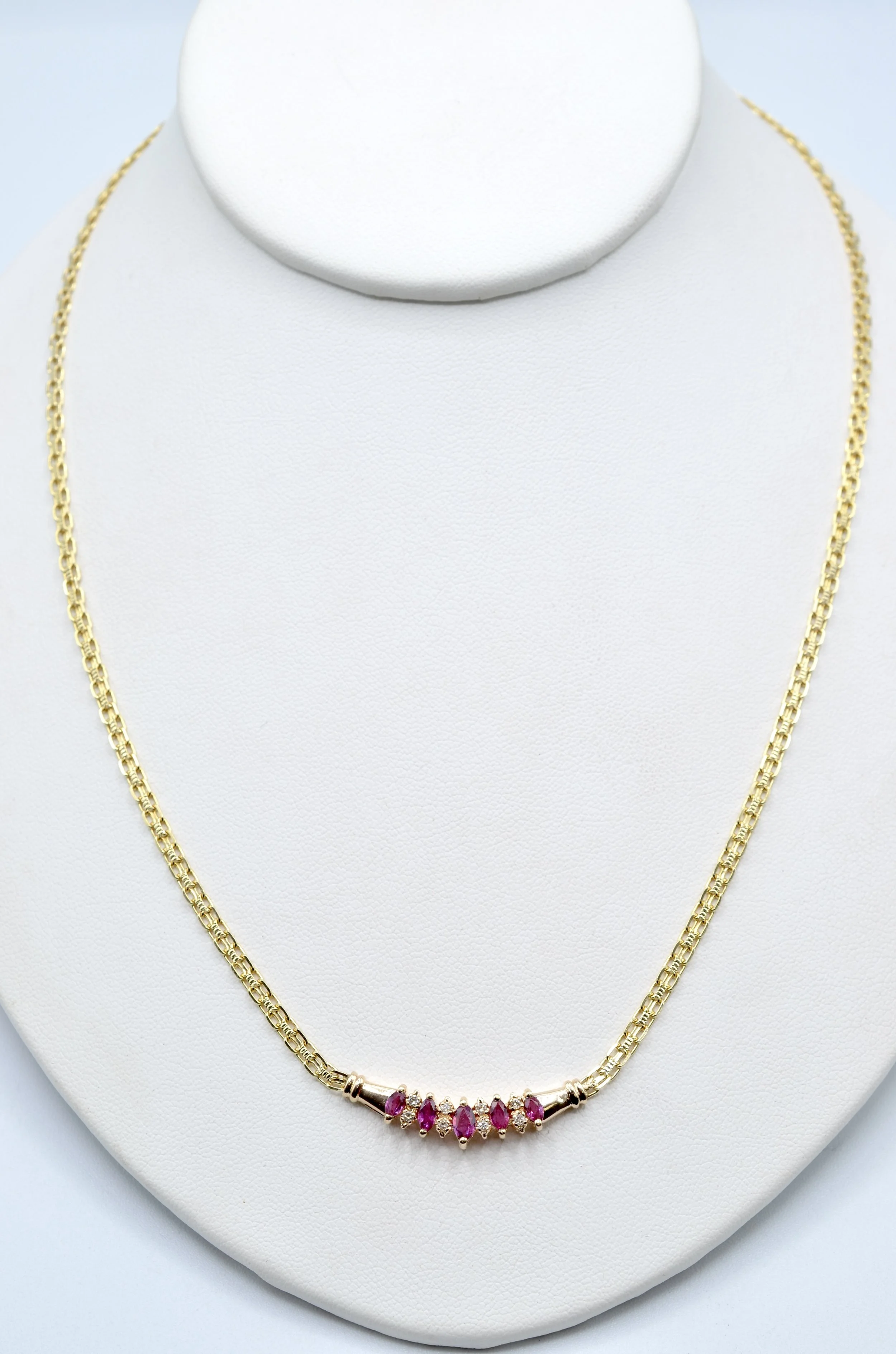 14k Gold Vintage Diamond & Marquise Gemstone Necklace 19" Italy 8.6g
