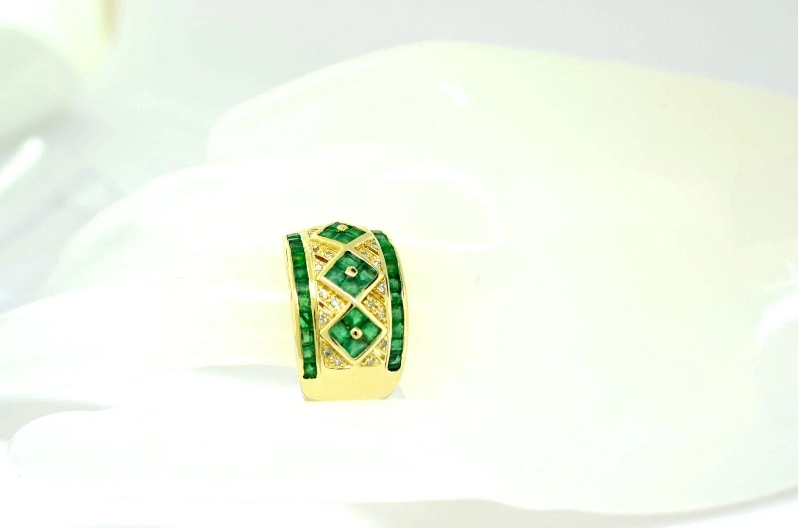 Vintage 14K Gold Diamond Emerald Ring Band 1.50CT Princess Cut 10.0g Size 7.25