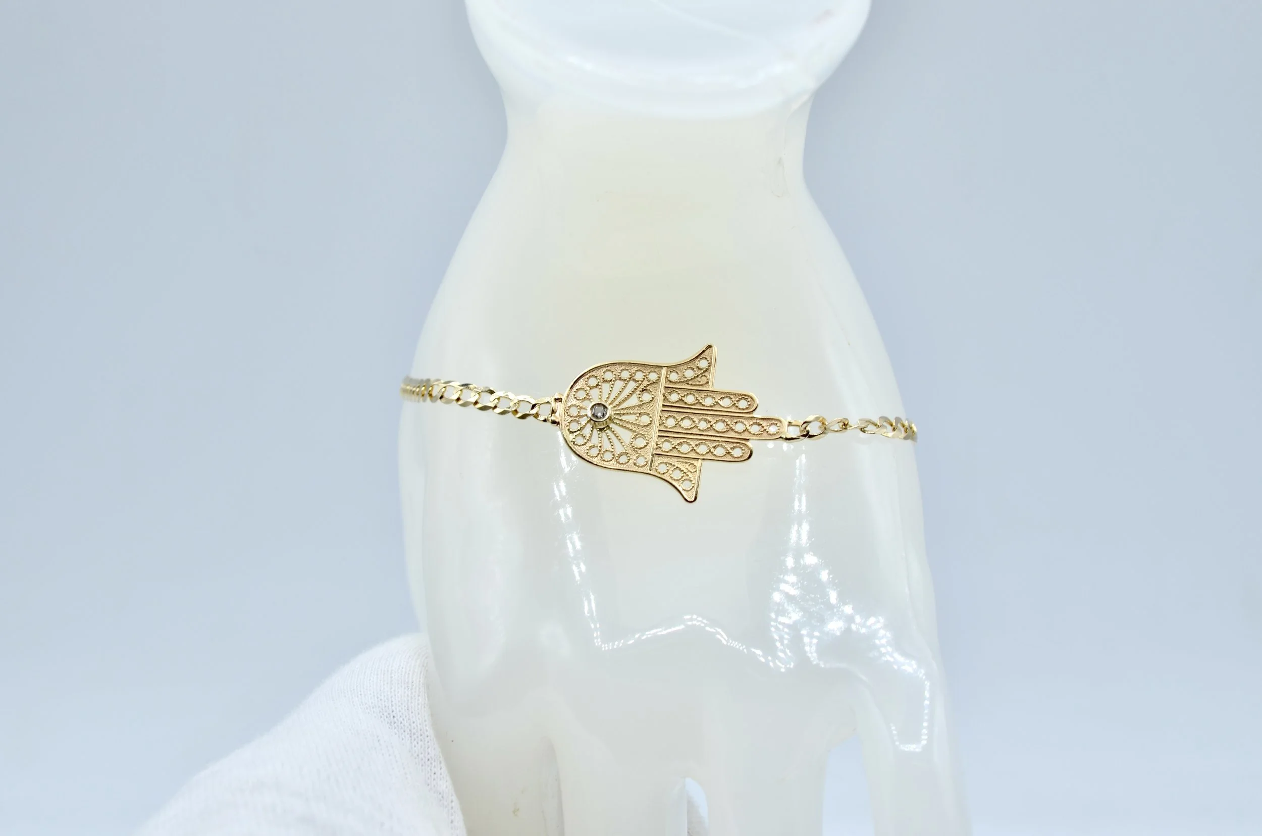14K Gold Diamond Hamsa Hand Bracelet Filigree Evil Eye Fatima 7"~3.7g