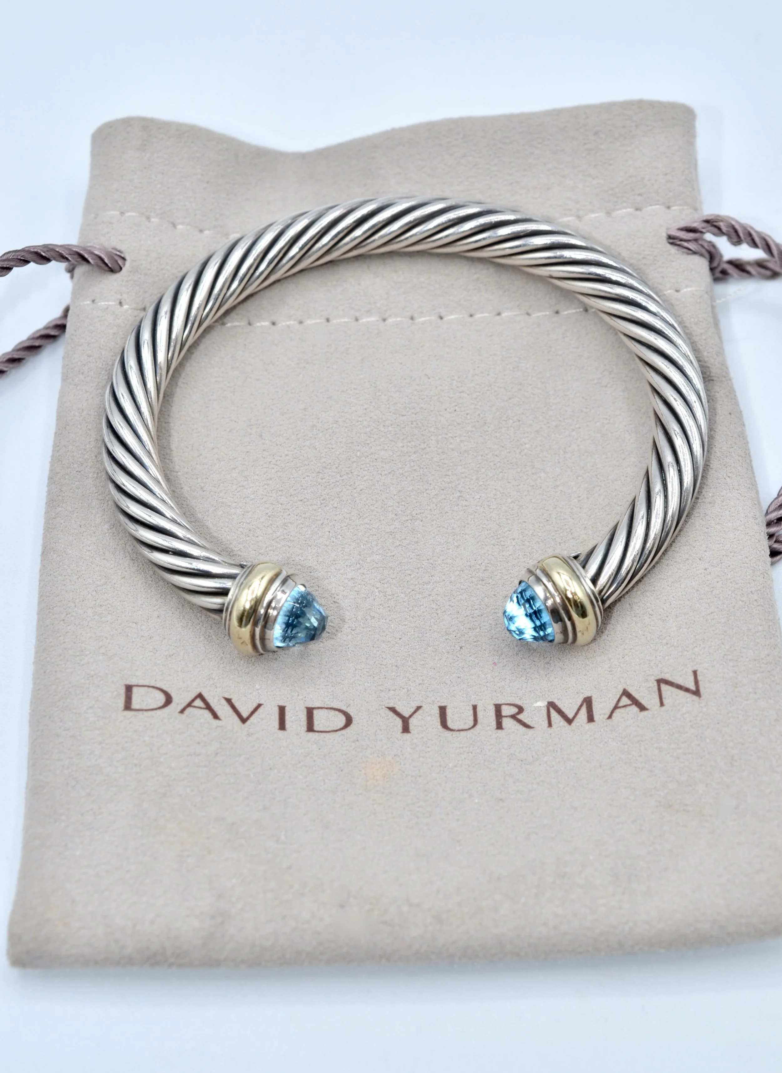 David Yurman Sterling Silver 14K Gold Blue Topaz 7mm Cable Cuff Medium Bracelet
