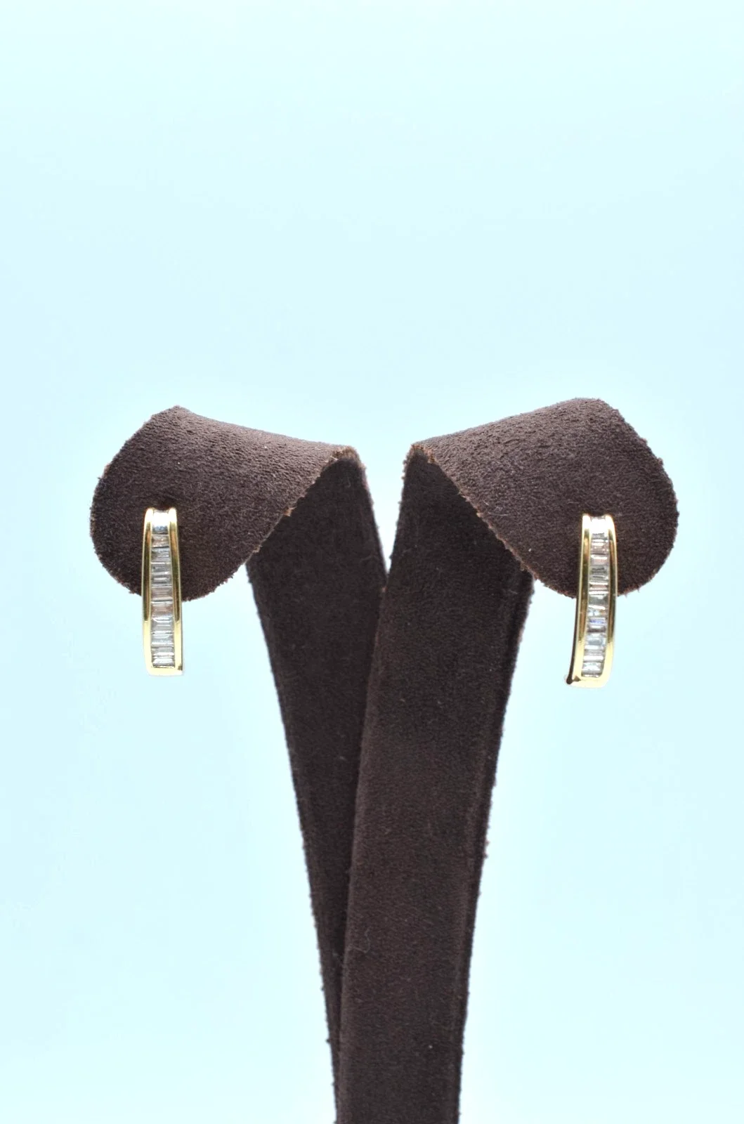 Vintage 14K Gold Baguette Diamond J Hoop Earrings Channel Set 2.3g