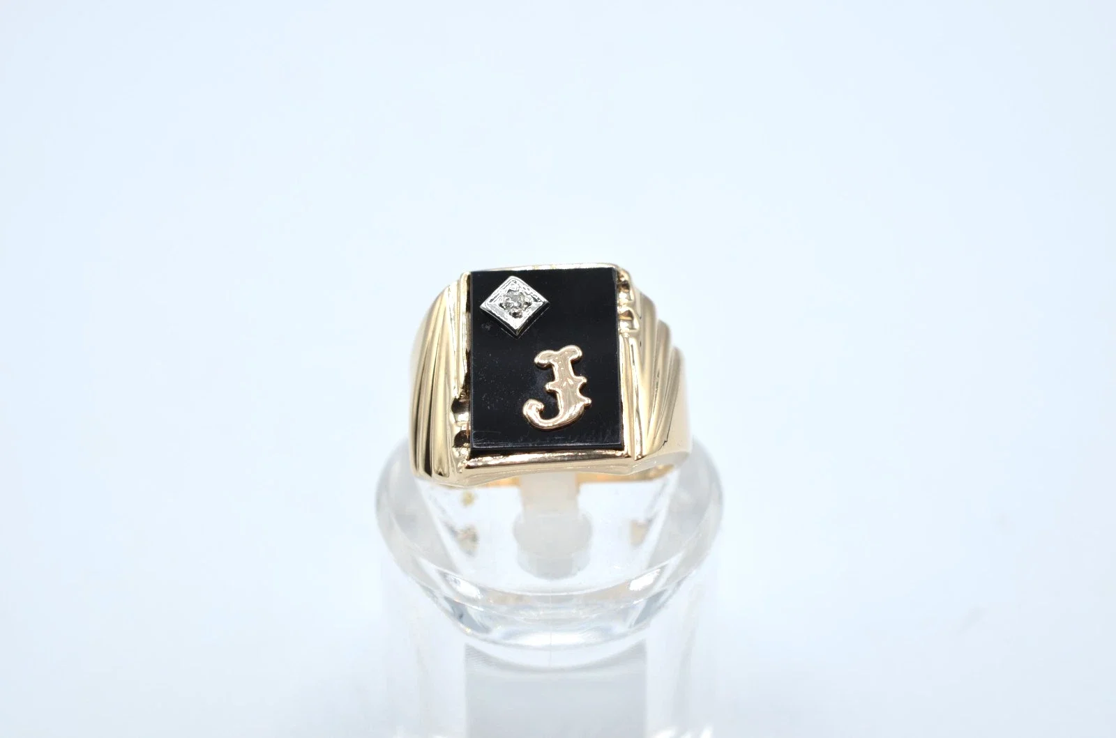 Vintage 14K Gold Black Onyx Diamond Initial “J” Signet Ring Mens Size 9.5~~6.1g