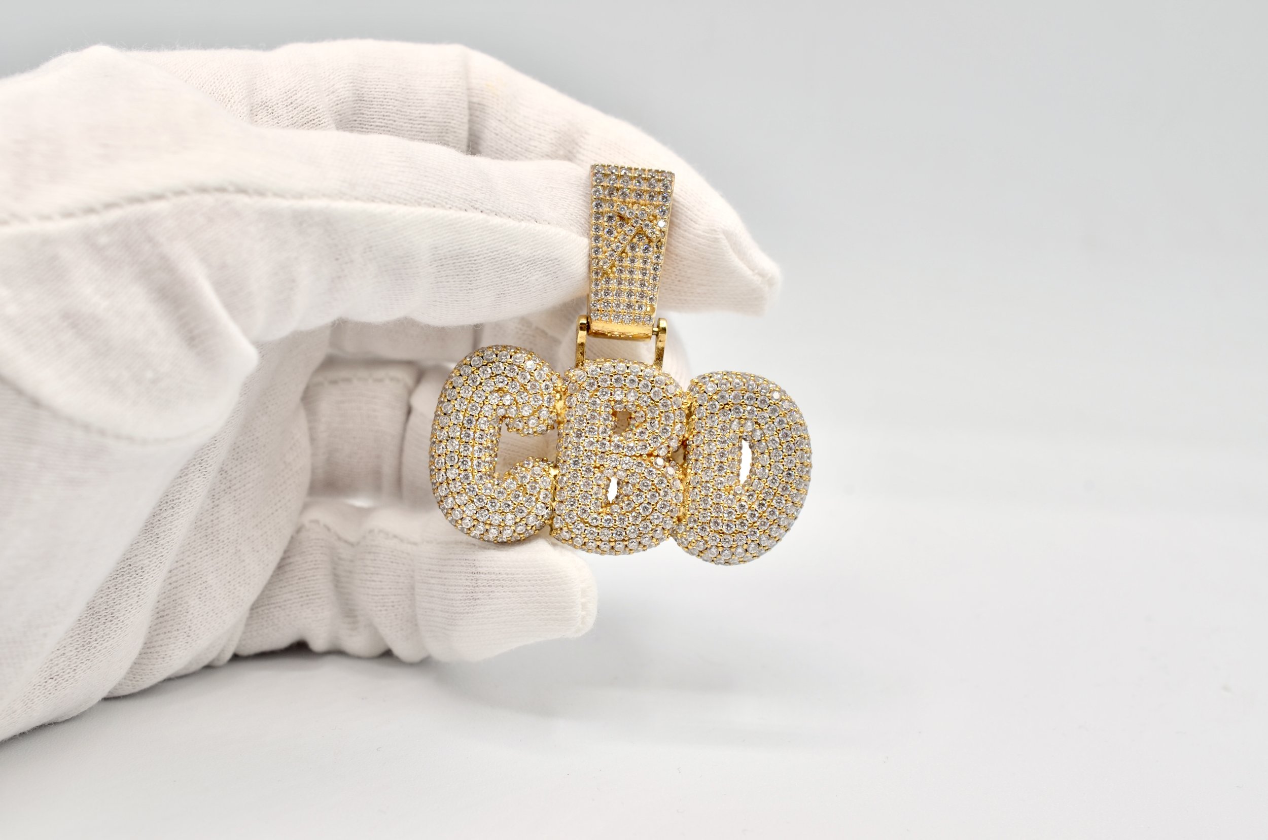 CBD Bubble Letter Pendant Gold Plated Sterling Silver CZ Iced Out 39.6g Hip Hop