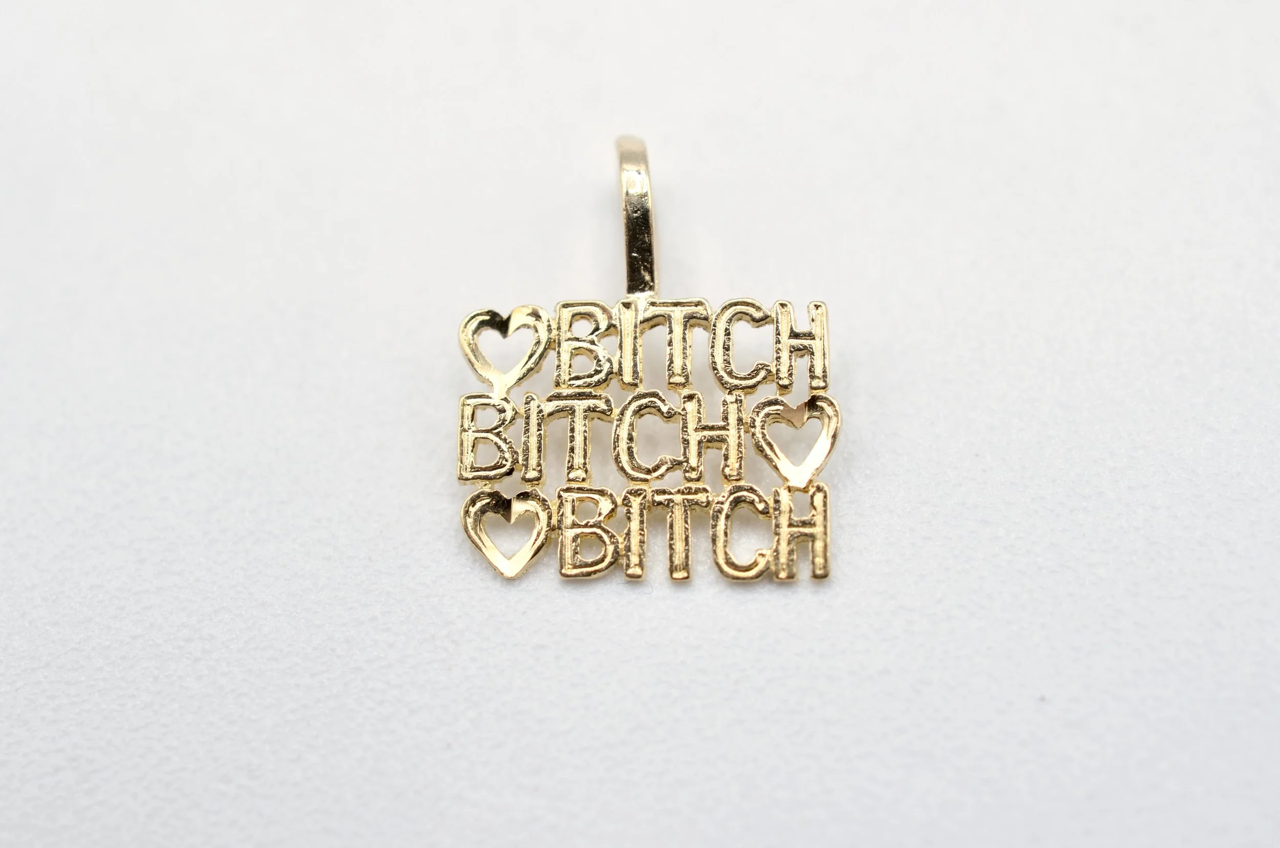 14k Gold “Bitch” Charm Pendant w/ Hearts – 0.5g – Pre-Owned –Fun Statement Piece
