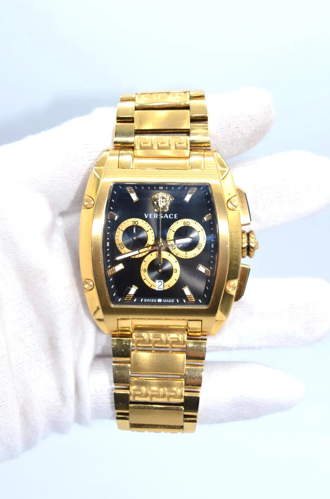 Versace Domnius VE6H Men's Gold Tone Black Dial Chronograph Swiss Made Bracelet