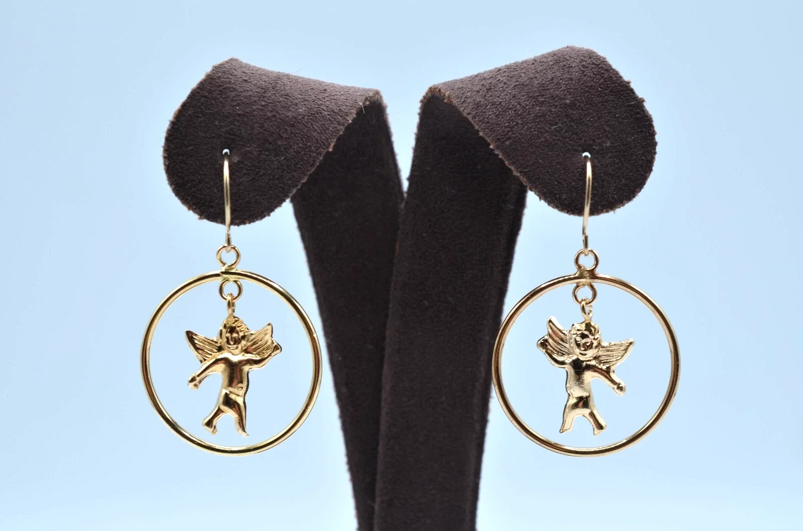 Vintage 10K Gold Cherub Hoop Earrings Angel Dangle French Hook 1.1g