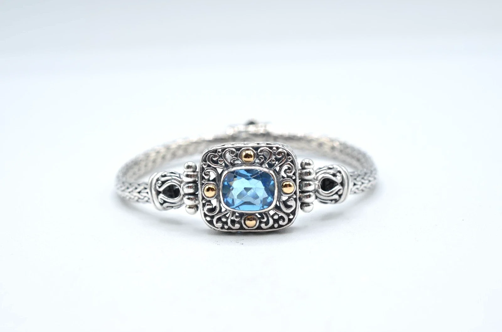 Sterling Silver 18K Gold Blue Topaz Bracelet "John Hardy Style" 7.25” 21.4g