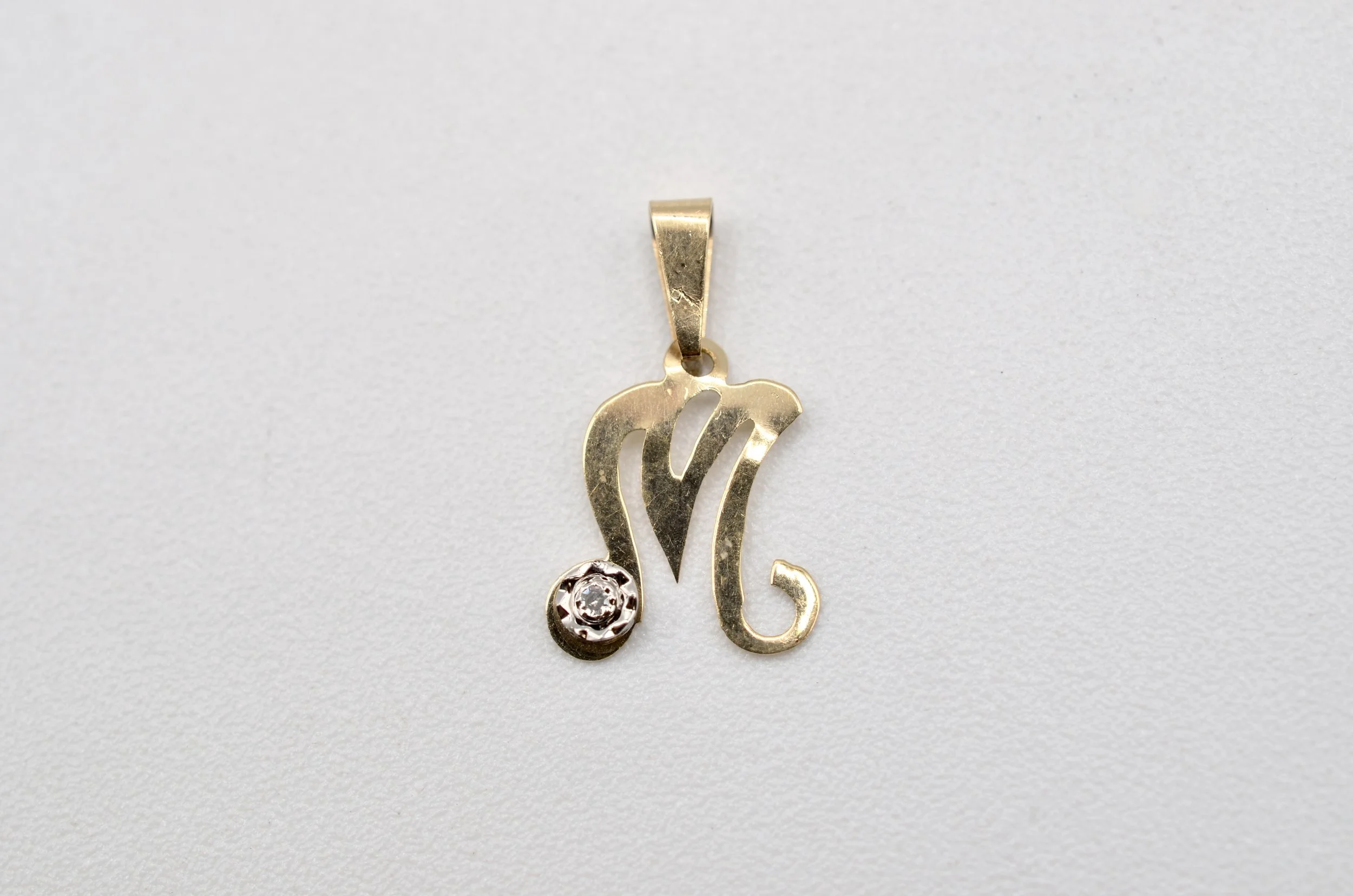Vintage 14K Gold Diamond Initial M Pendant Charm Two Tone Script Letter 0.2g