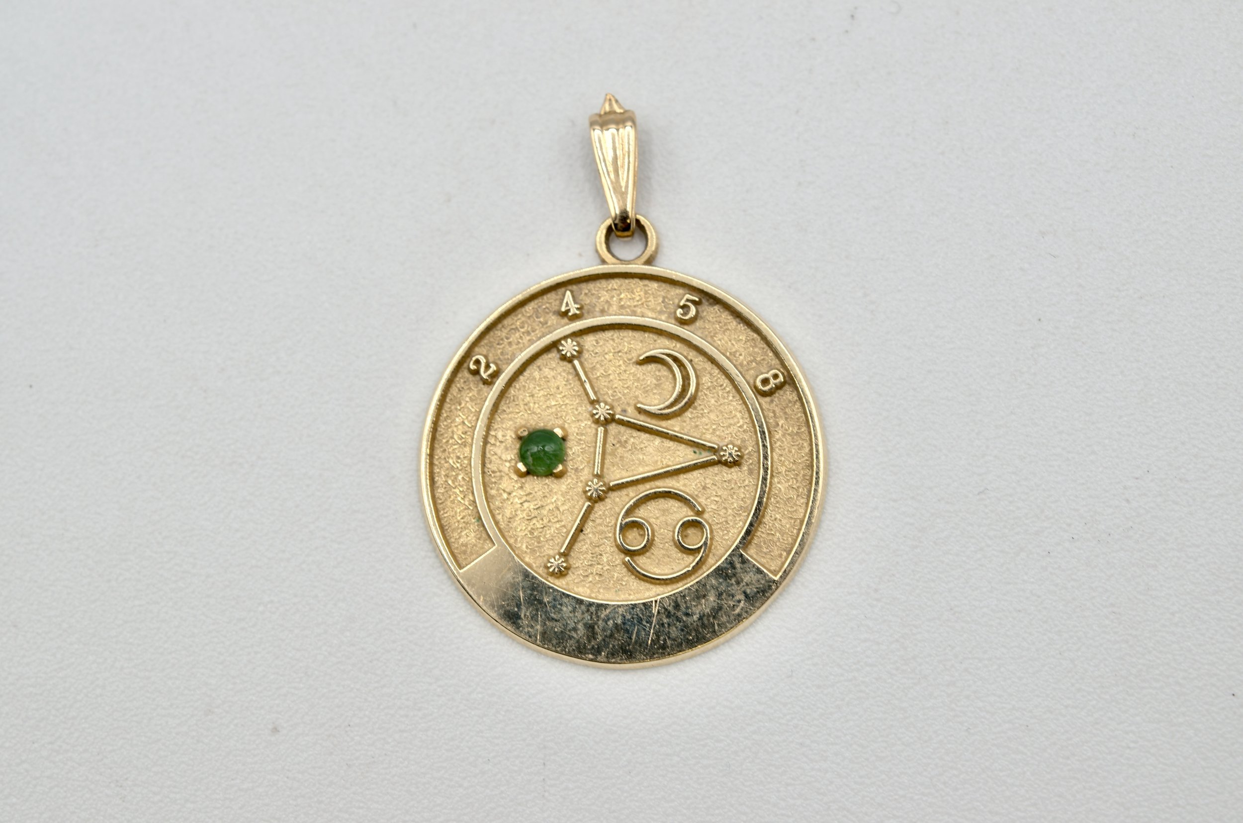 14K Gold Cancer Zodiac Talisman Pendant Emerald Astrology Charm 3.4g