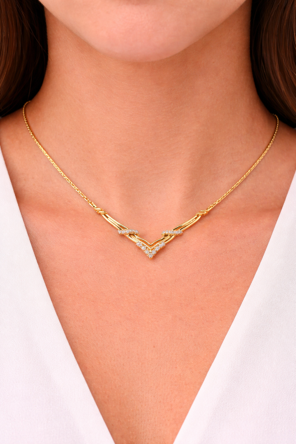 Vintage 14K Yellow Gold Diamond V Shape Necklace 17” 23 Round Diamonds 9.6g