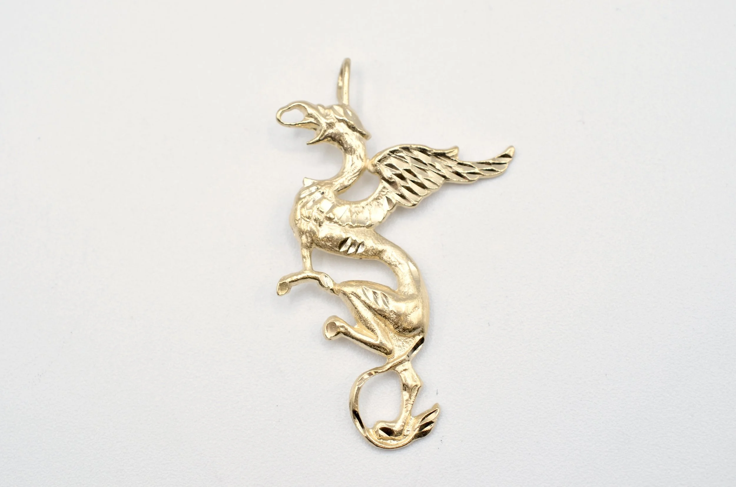 Vintage 14K Gold Dragon Pendant Charm Large Diamond Cut 4.6g