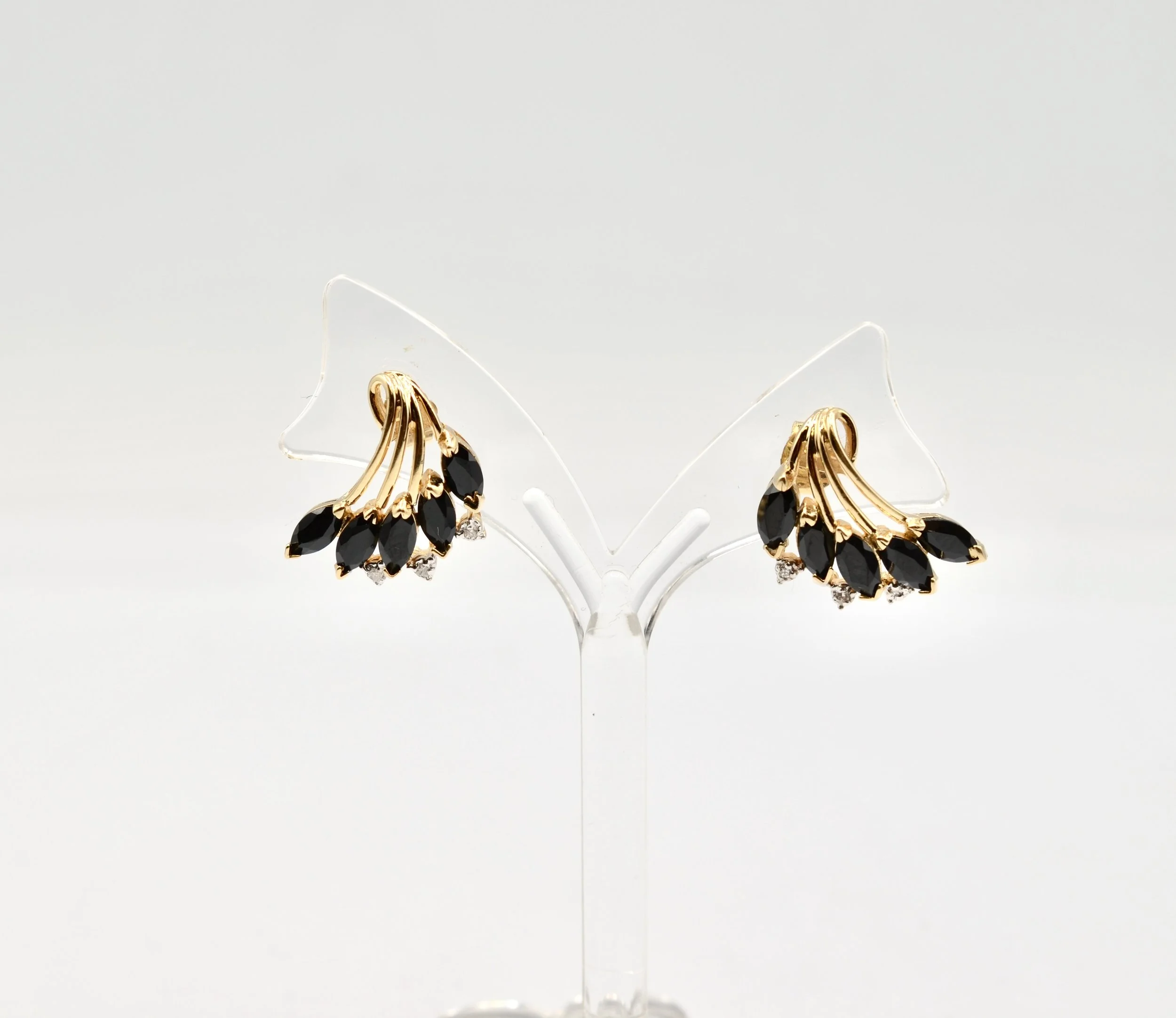 14K Gold Black Onyx Diamond Cluster Fan Stud Earrings Marquise~3.9g